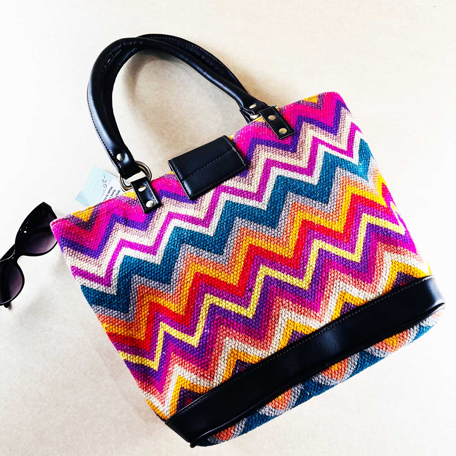 Vibrant Zigzags Multicolor 100 % Cotton Sustainable Hand Bag / Shoulder Bag  - 14 x 11 x 4 inches | Peacoy