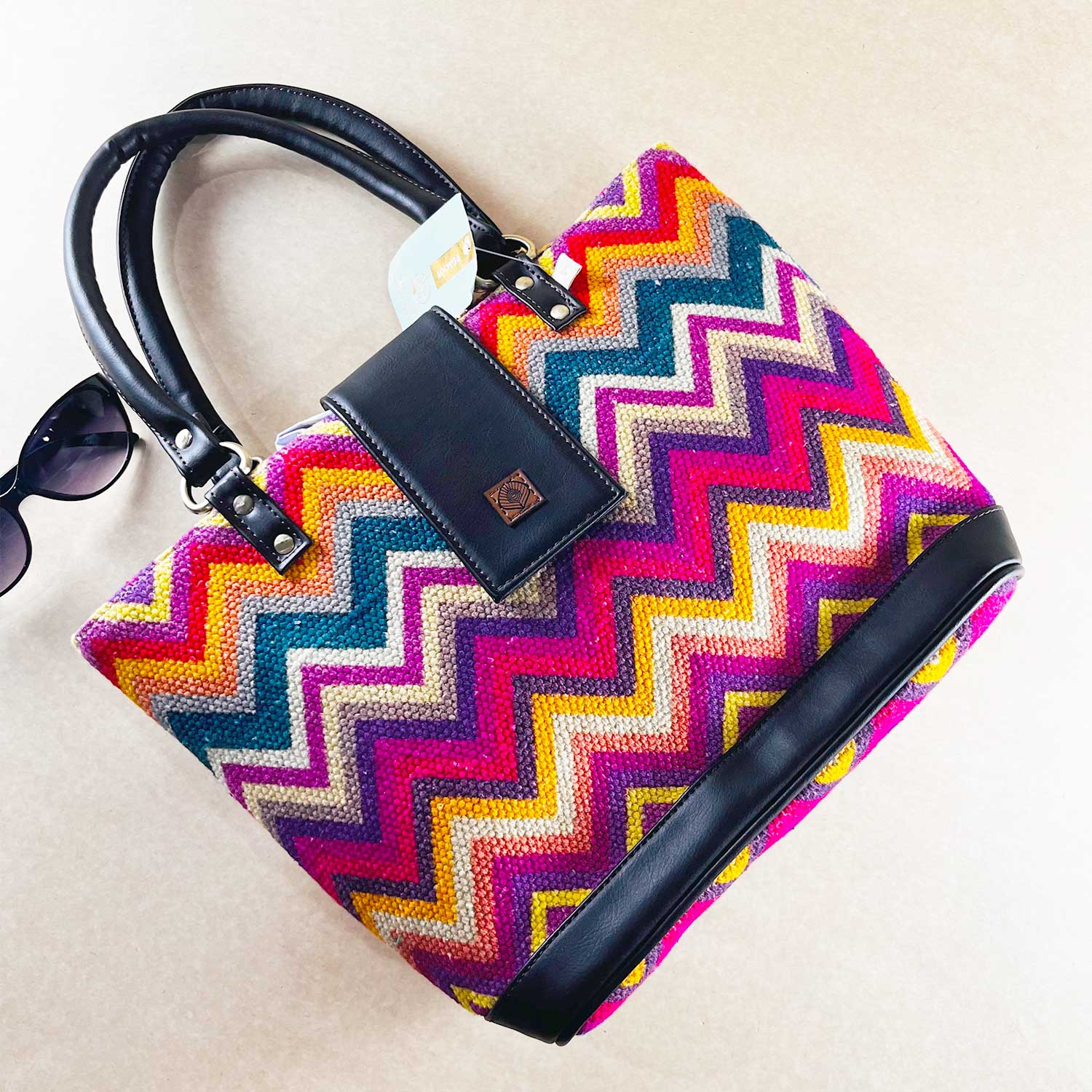 Vibrant Zigzags Multicolor 100 % Cotton Sustainable Hand Bag / Shoulder Bag  - 14 x 11 x 4 inches | Peacoy
