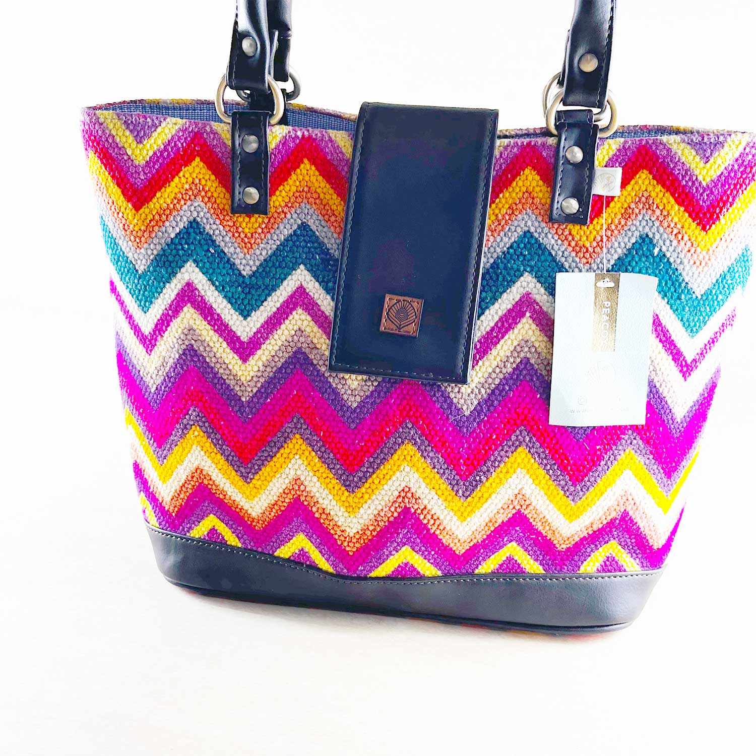 Vibrant Zigzags Multicolor 100 % Cotton Sustainable Hand Bag / Shoulder Bag  - 14 x 11 x 4 inches | Peacoy