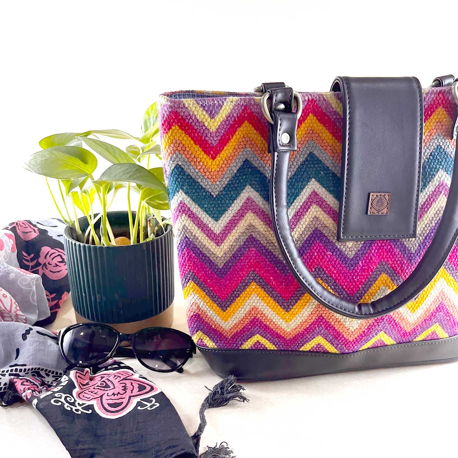 Vibrant Zigzags Multicolor 100 % Cotton Sustainable Hand Bag / Shoulder Bag  - 14 x 11 x 4 inches | Peacoy