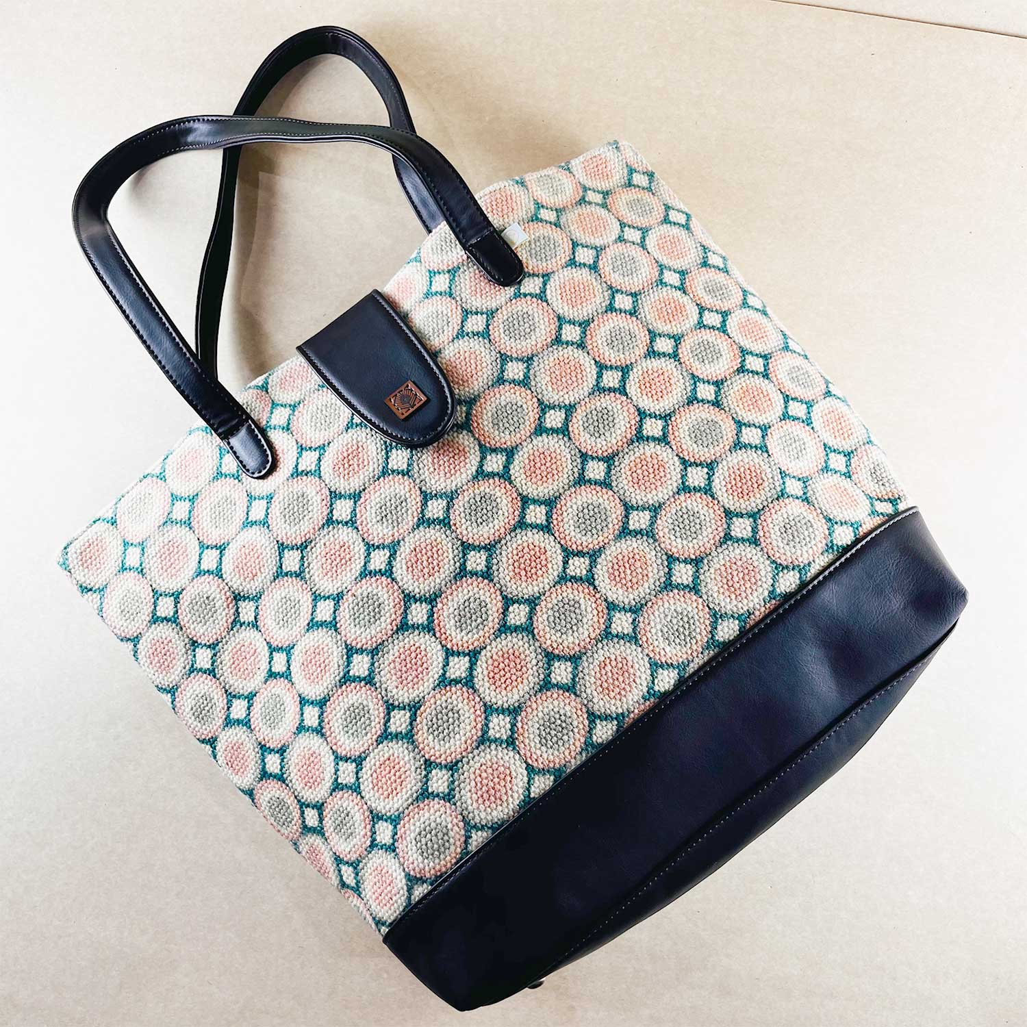 Sweet Love Pink & Green Circle Printed 100% Cotton Sustainable Hand Bag / Shoulder Bag  - 15 x 14 x 6 inches | Peacoy