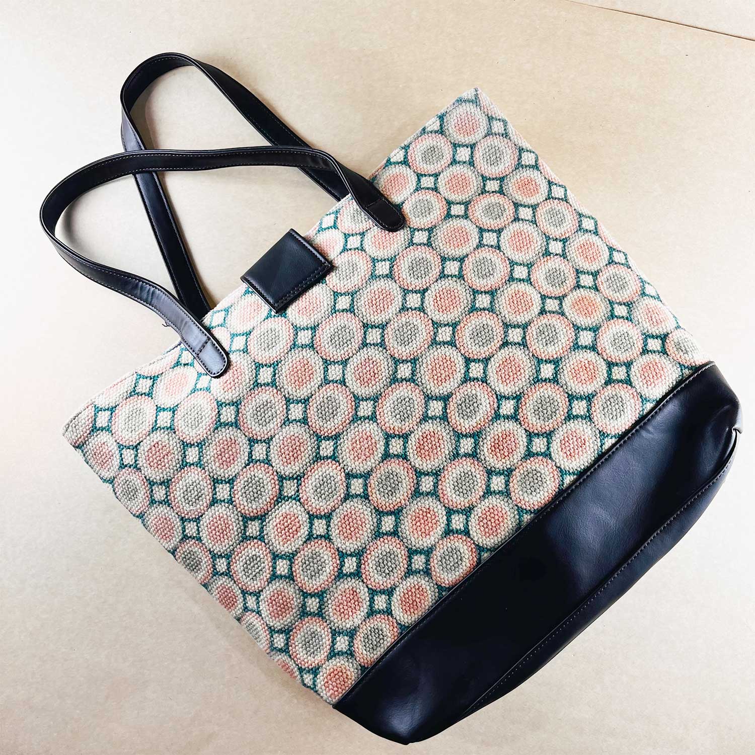 Sweet Love Pink & Green Circle Printed 100% Cotton Sustainable Hand Bag / Shoulder Bag  - 15 x 14 x 6 inches | Peacoy