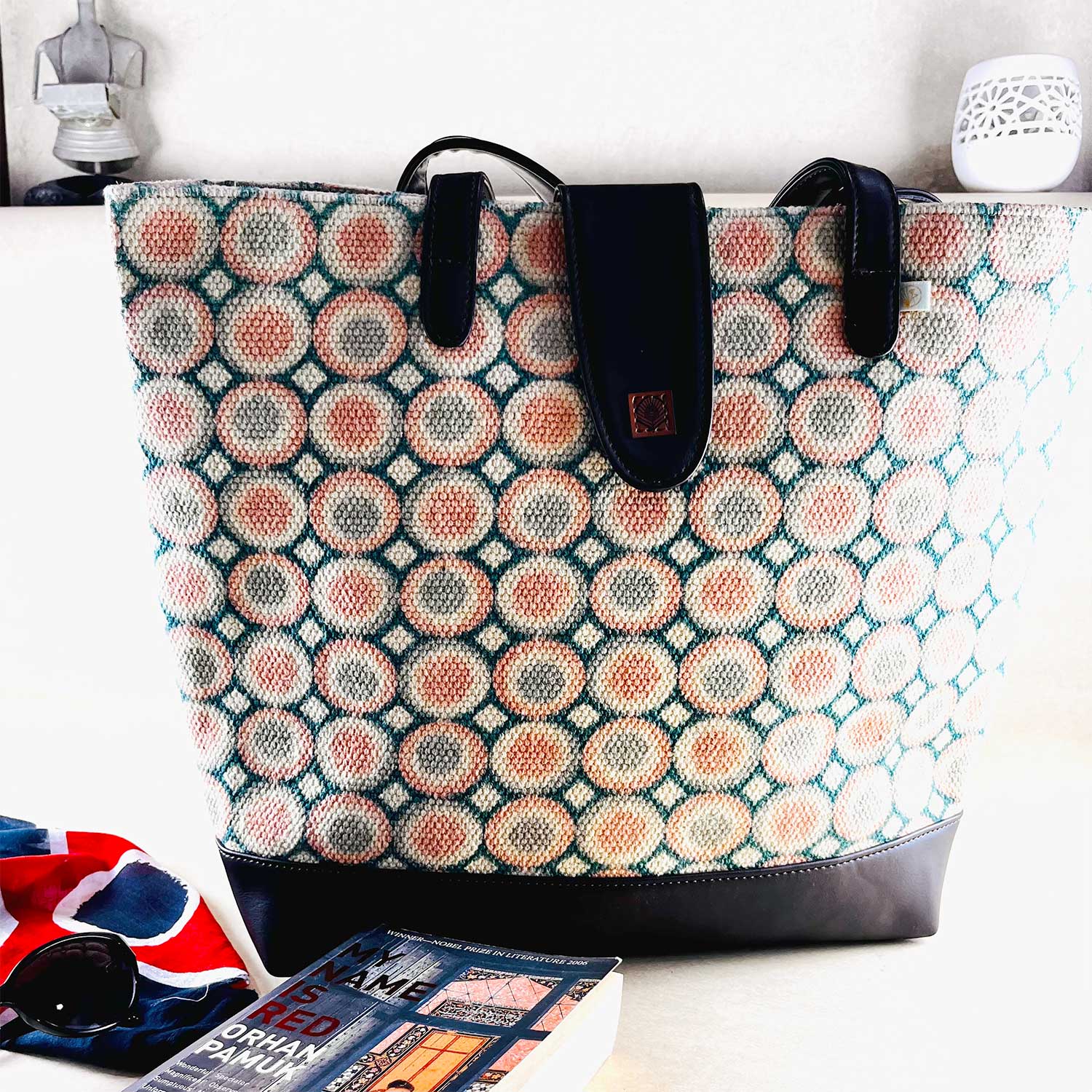 Sweet Love Pink & Green Circle Printed 100% Cotton Sustainable Hand Bag / Shoulder Bag  - 15 x 14 x 6 inches | Peacoy