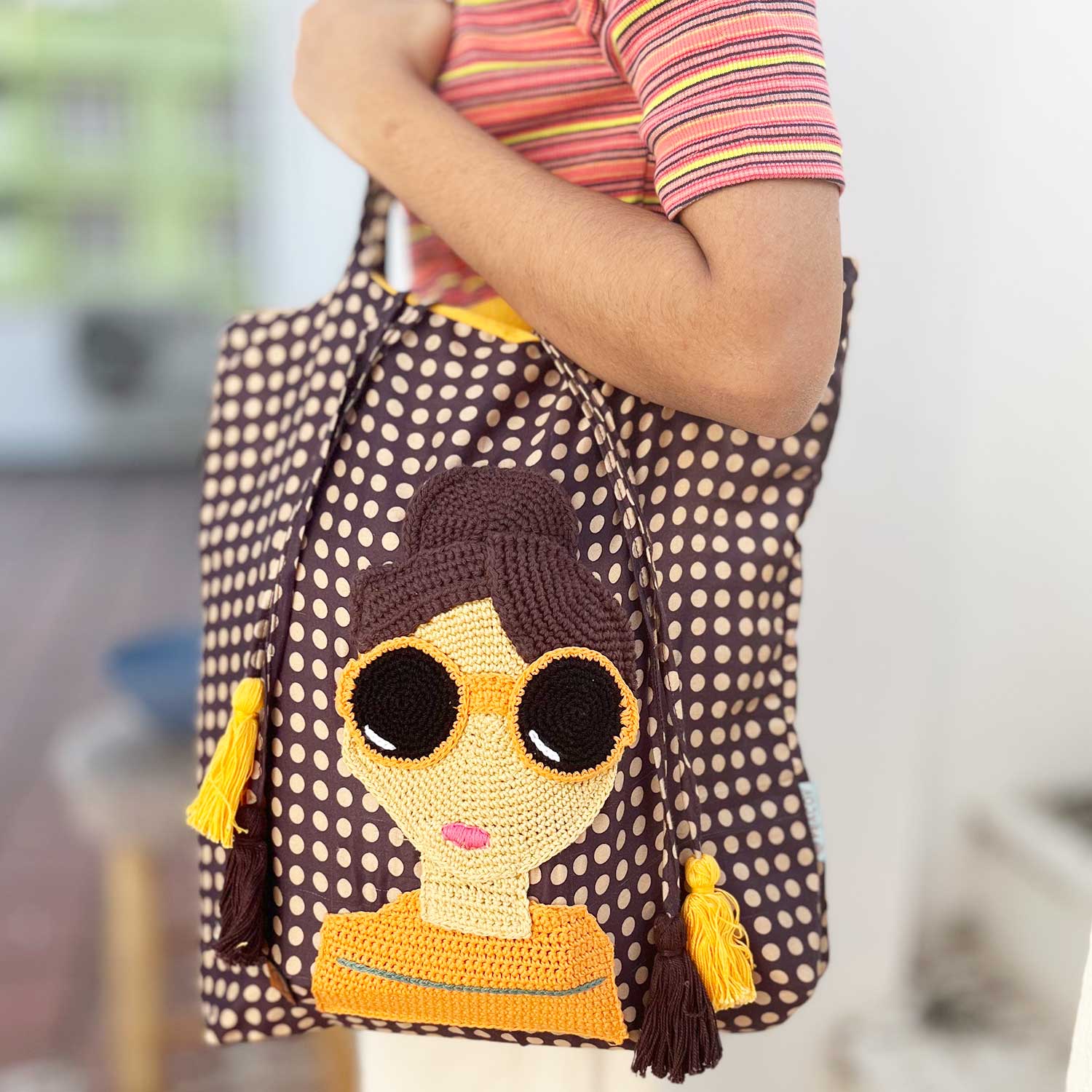 Brown Polka Dot Draw String Crochet Tote Bag
