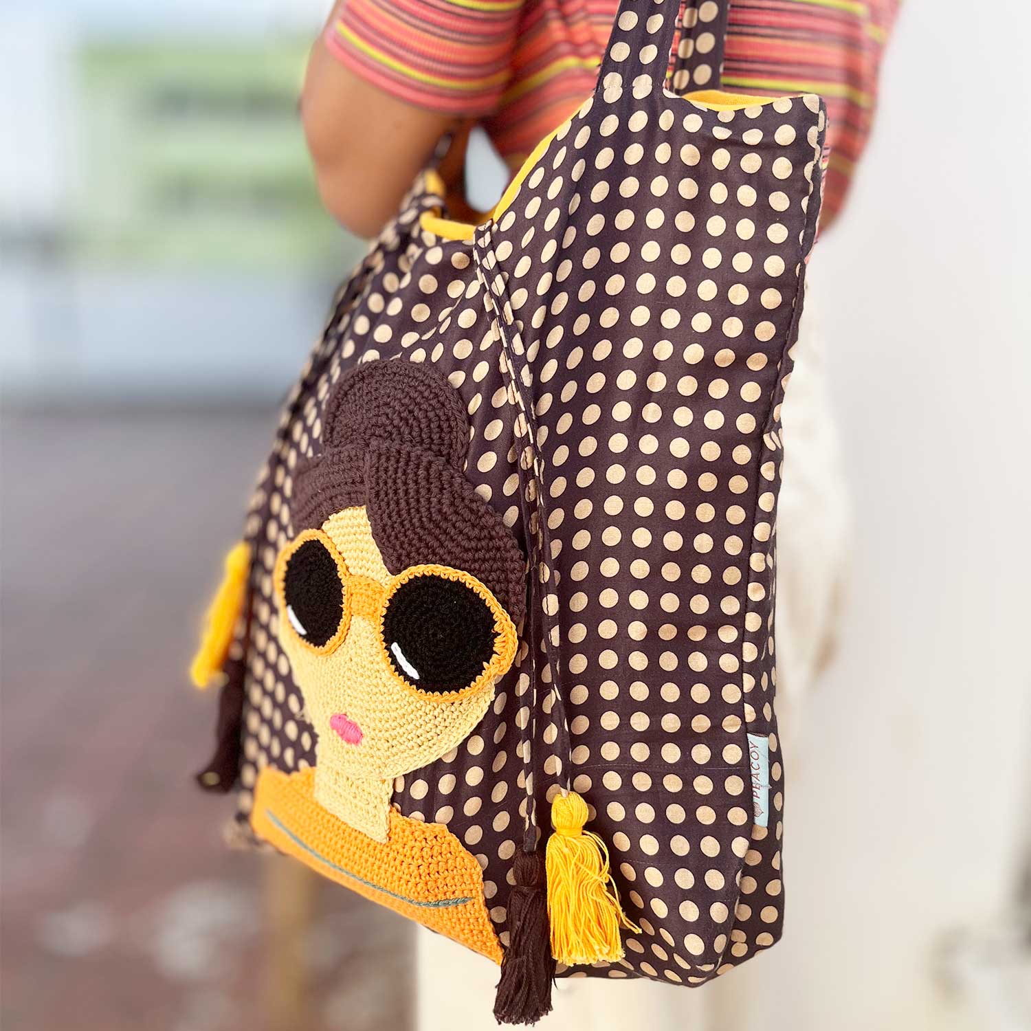Brown Polka Dot Draw String Crochet Tote Bag
