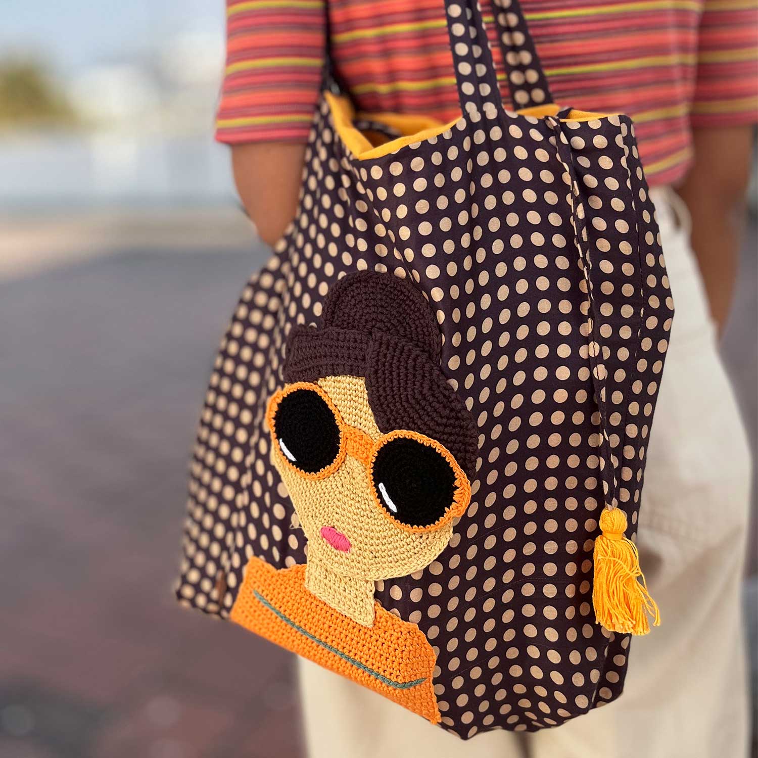 Brown Polka Dot Draw String Crochet Tote Bag