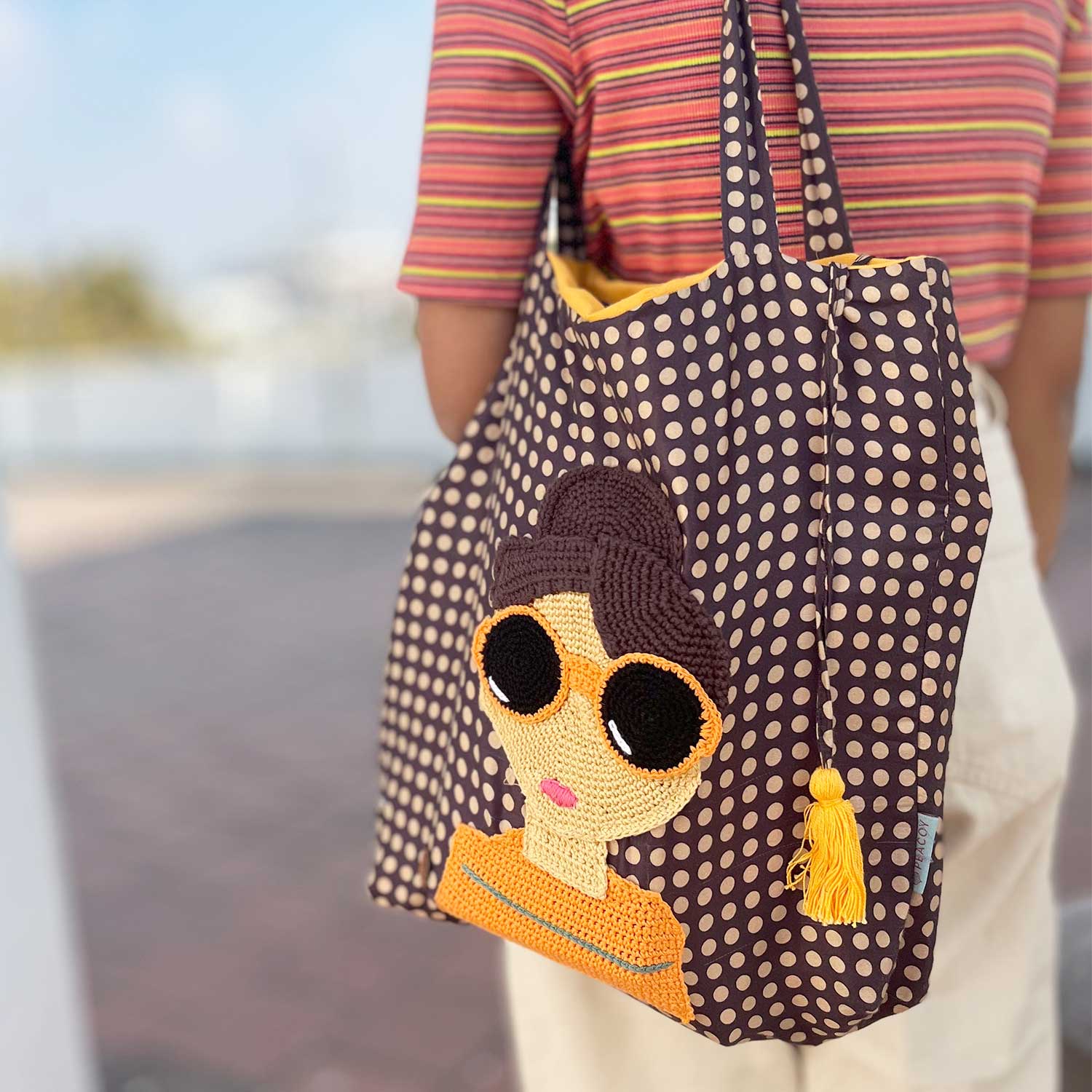 Brown Polka Dot Draw String Crochet Tote Bag