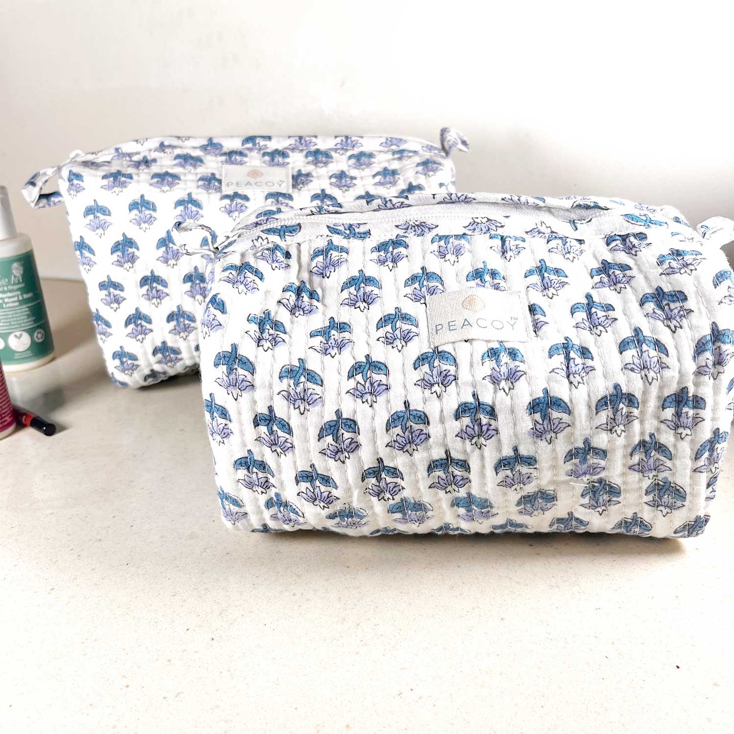 Multi Utility Travel kits Dark Blue Flower Printed Pouch (Set of two)