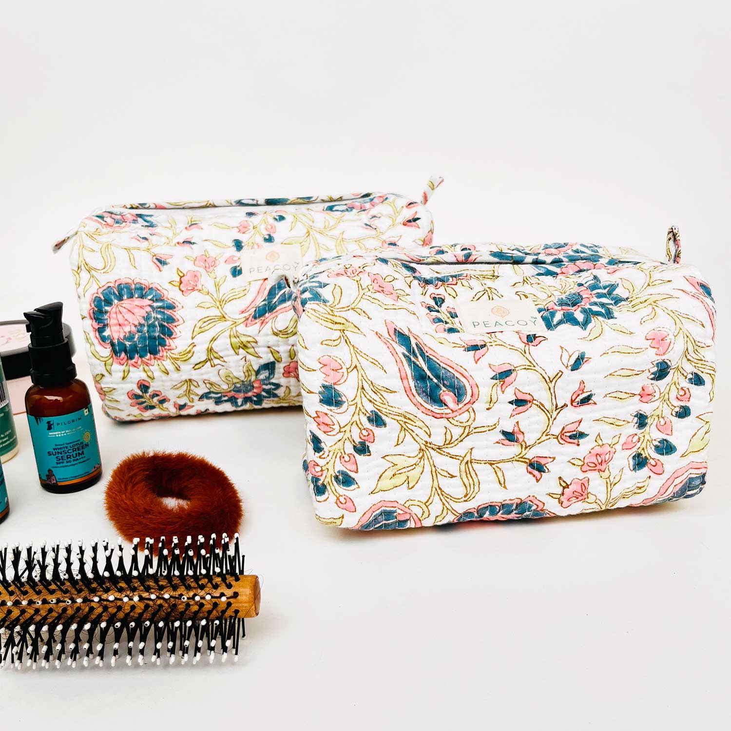 Multi Utility Travel kits Dark Blue & Pink Flower Printed Pouch (Set of two)