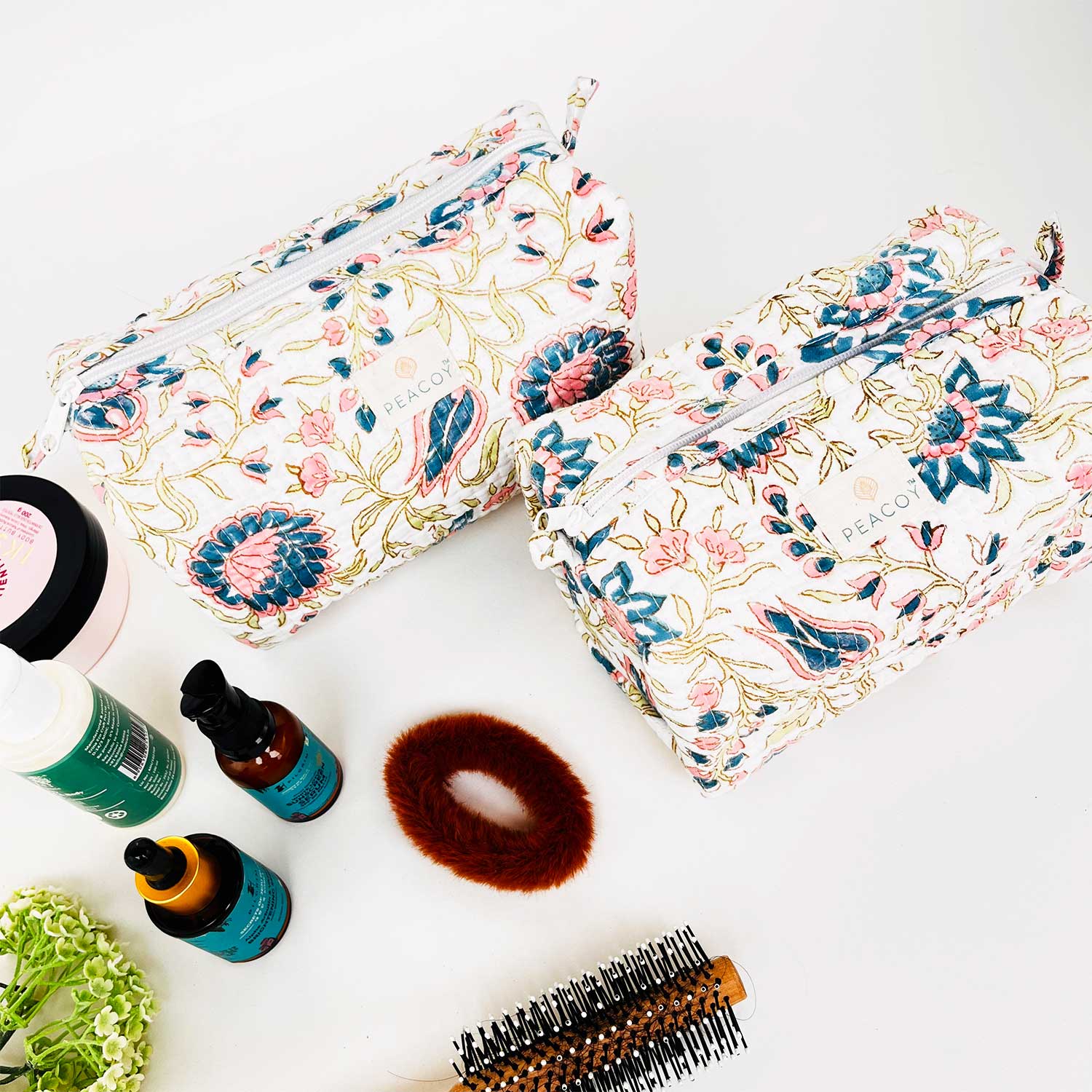 Multi Utility Travel kits Dark Blue & Pink Flower Printed Pouch (Set of two)