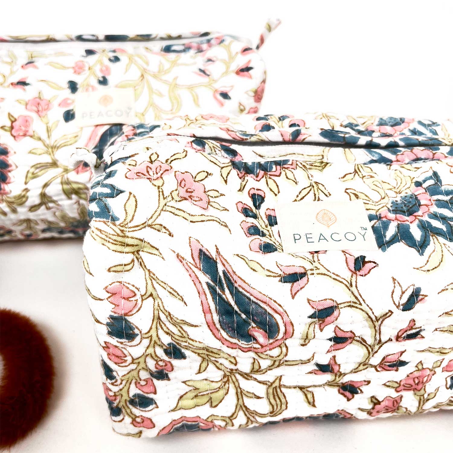 Multi Utility Travel kits Dark Blue & Pink Flower Printed Pouch (Set of two)