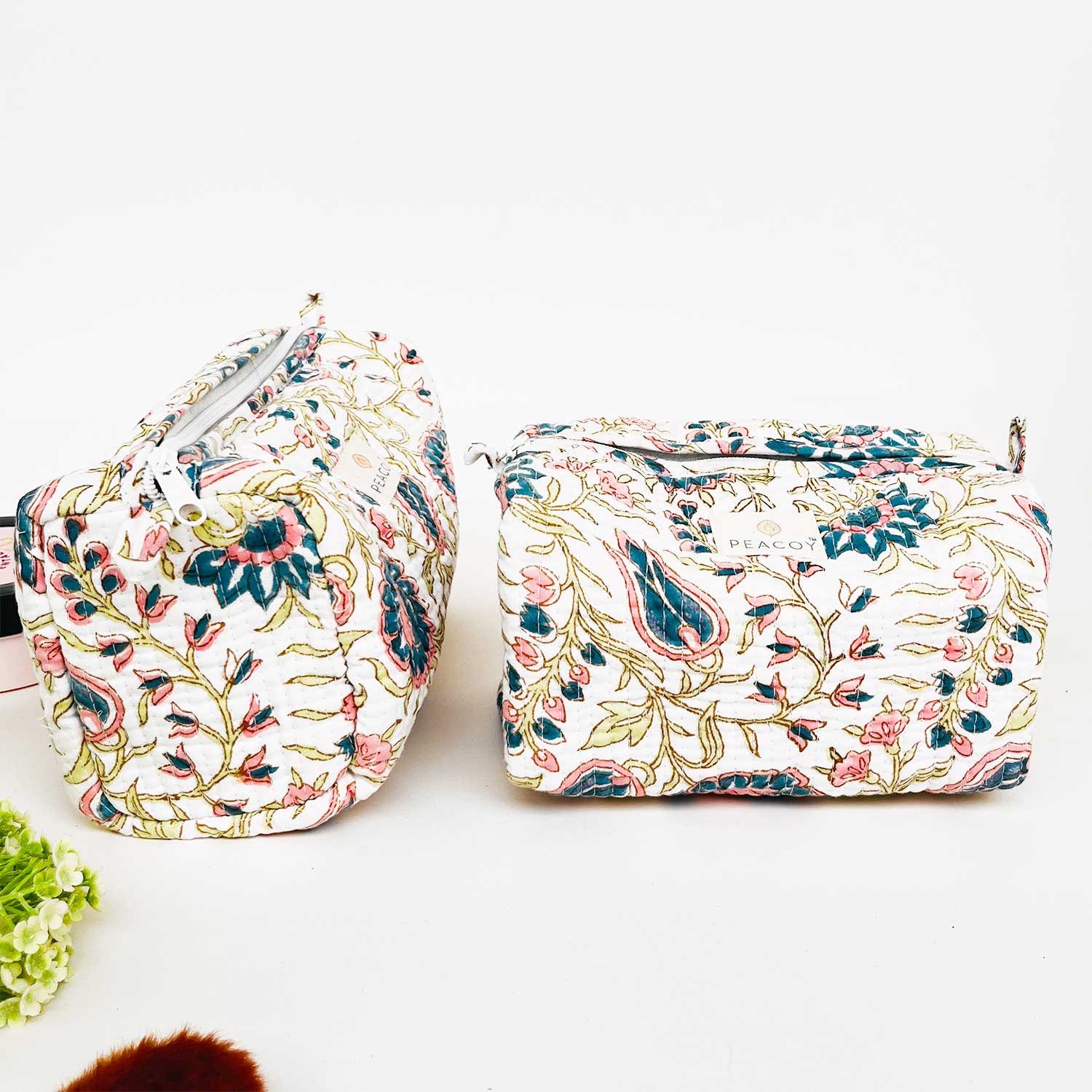 Multi Utility Travel kits Dark Blue & Pink Flower Printed Pouch (Set of two)