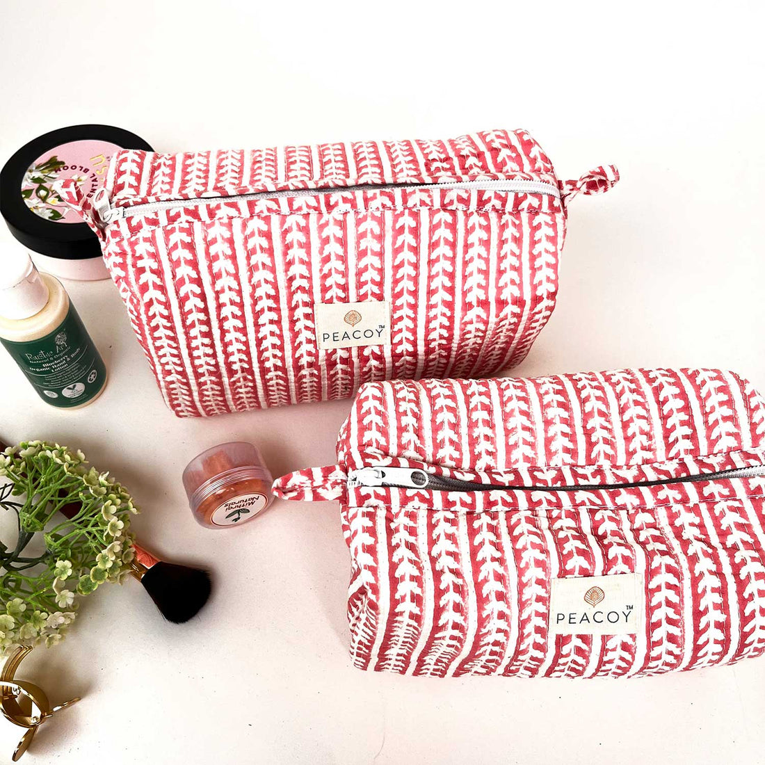 Multi Utility Travel kits Red Leaf Print (Set of two)