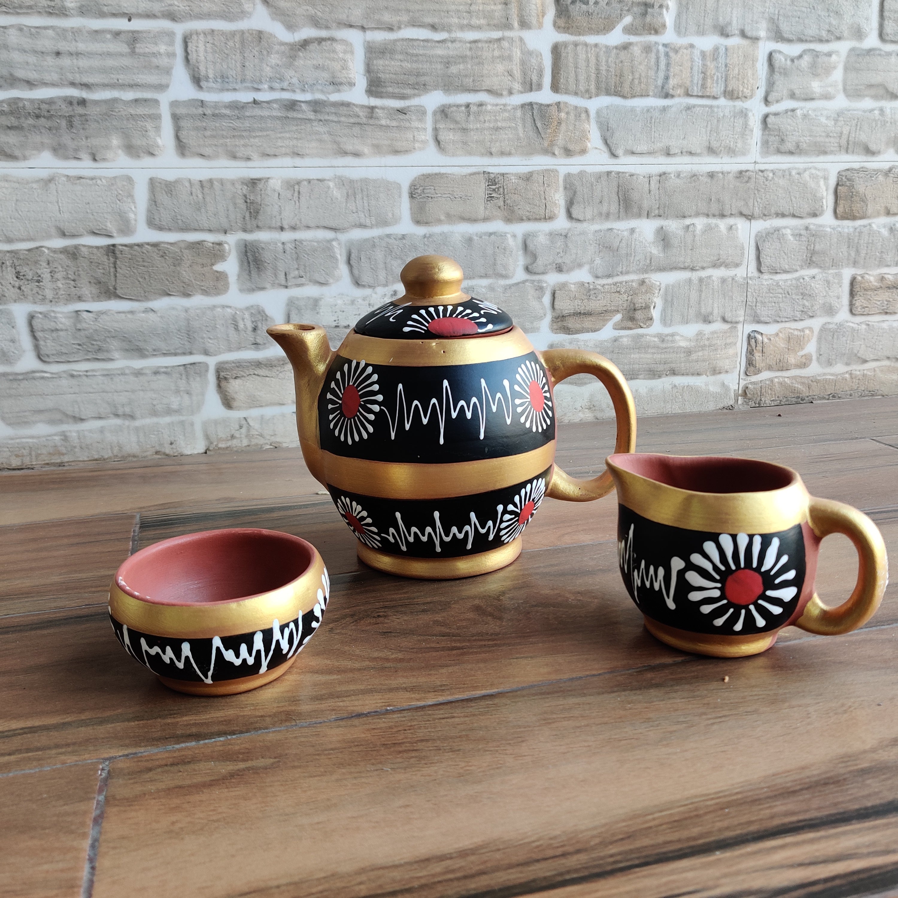 Black & Golden Handpainted Organic Terracotta Clay Tea Set - Set of 16 Pieces | Peacoy