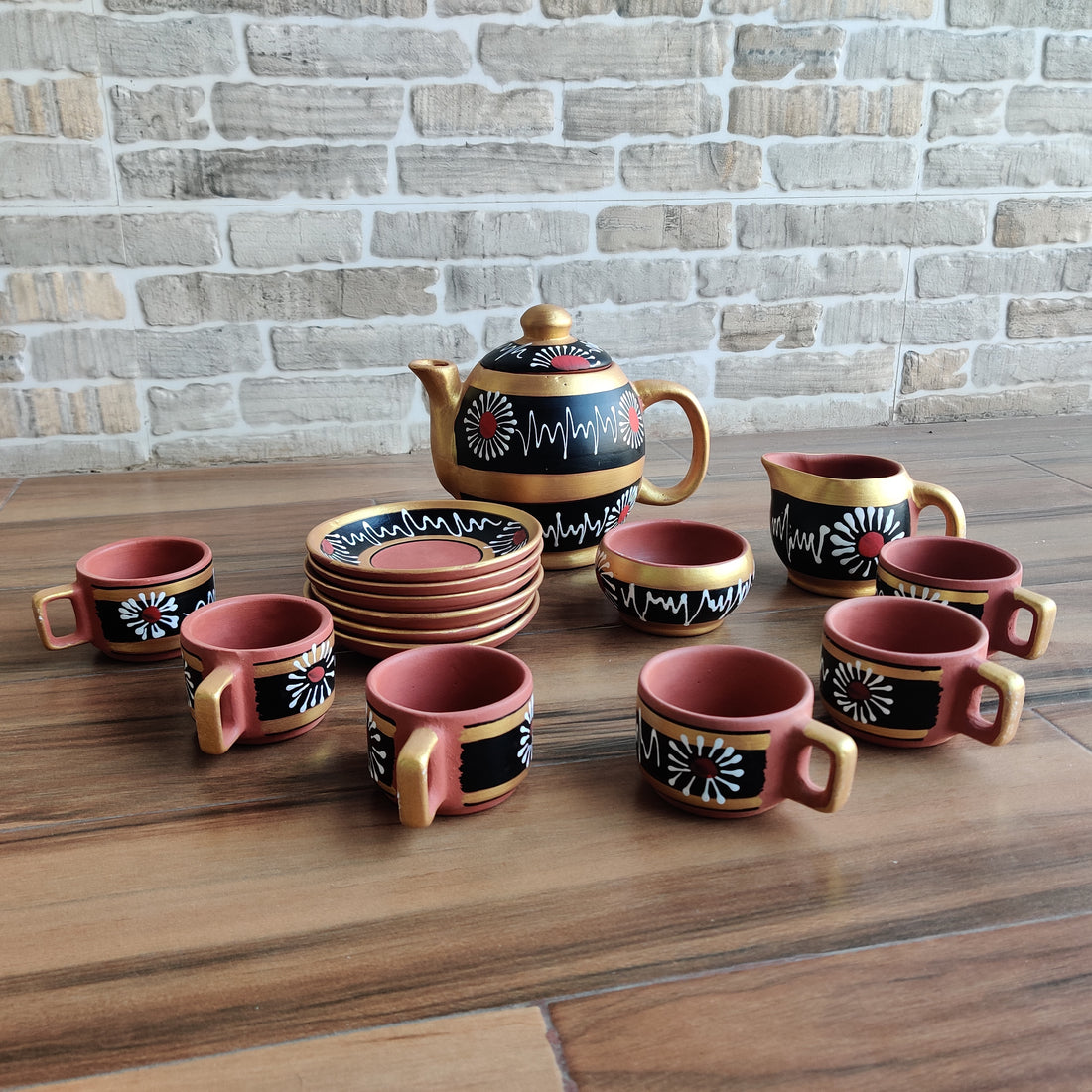 Black & Golden Handpainted Organic Terracotta Clay Tea Set - Set of 16 Pieces | Peacoy