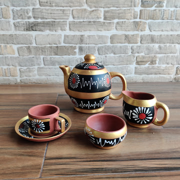 Black & Golden Handpainted Organic Terracotta Clay Tea Set - Set of 16 Pieces | Peacoy