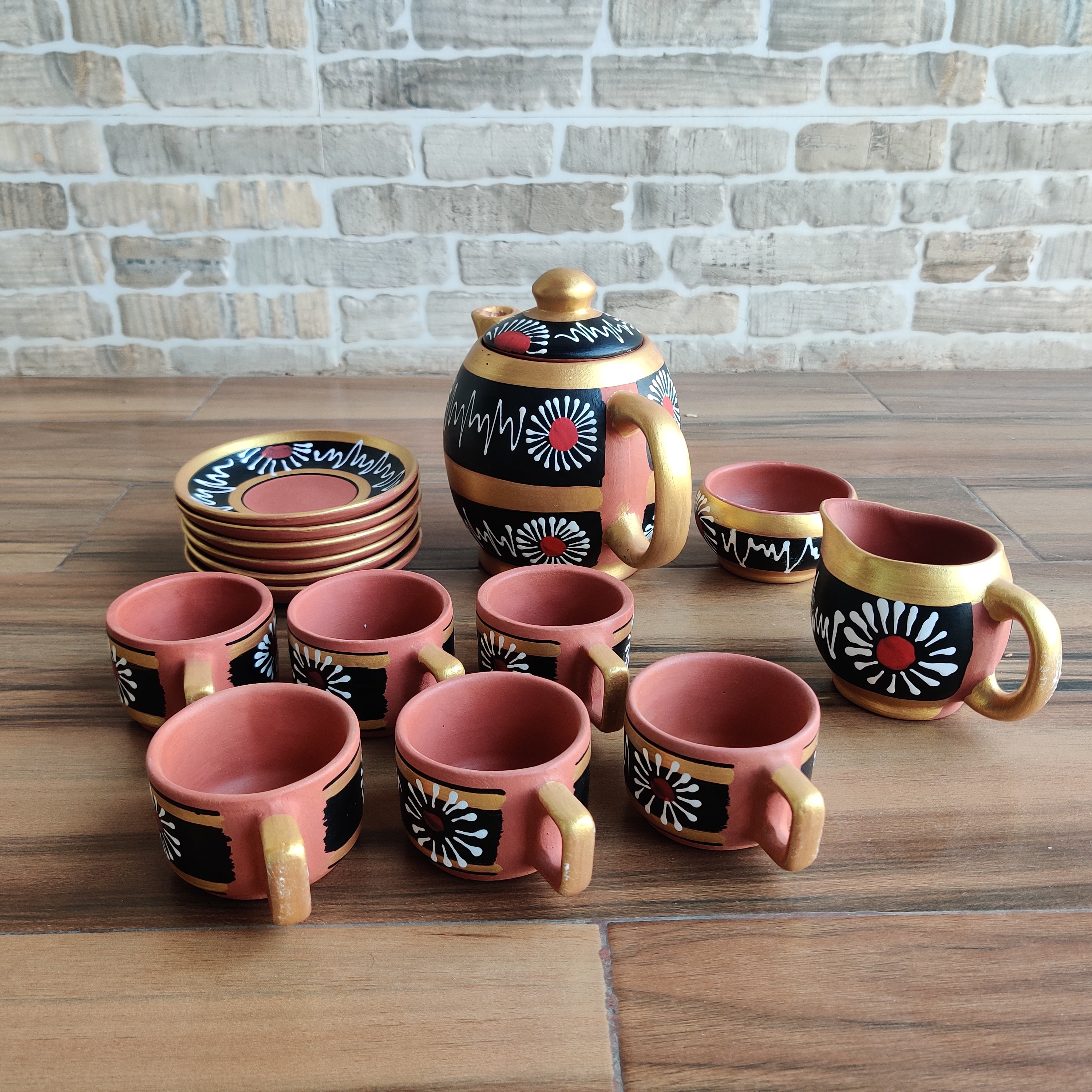 Black & Golden Handpainted Organic Terracotta Clay Tea Set - Set of 16 Pieces | Peacoy