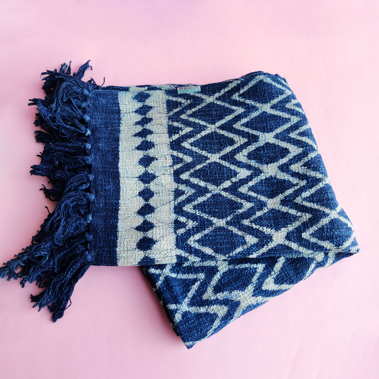 Blue Love Block Printed 100 % Cotton Throw - 60 inches x 48 inches