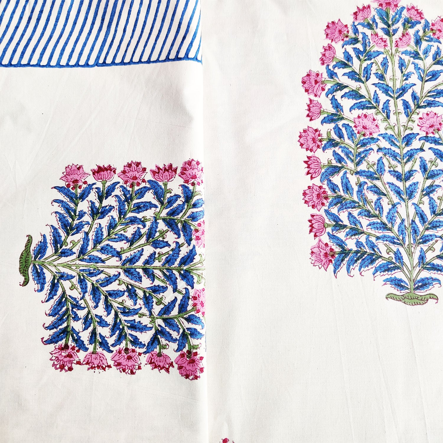 Blooming Bouquet White with Blue & Pink Motif Block Printed 100% Cotton Bedsheet With 2 Pillow Covers