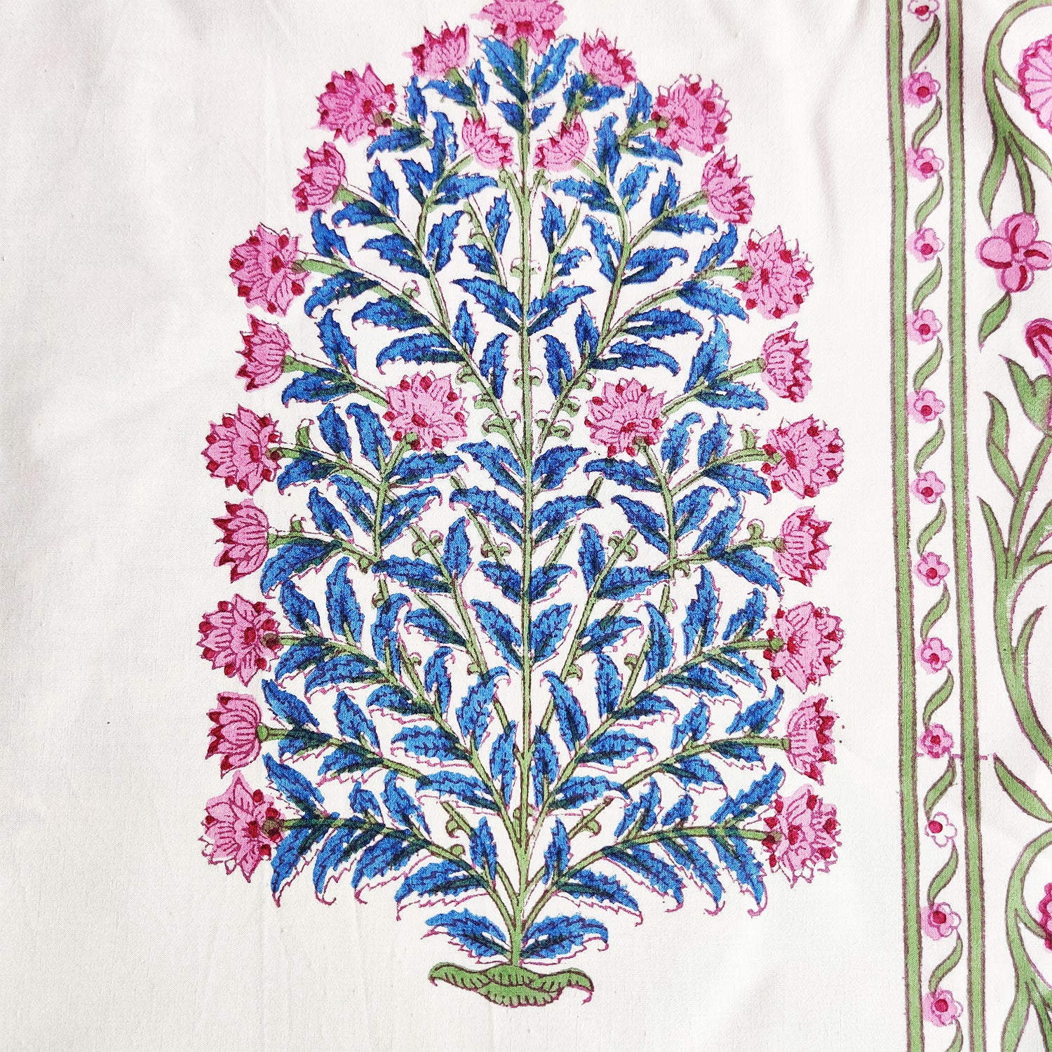 Blooming Bouquet White with Blue & Pink Motif Block Printed 100% Cotton Bedsheet With 2 Pillow Covers
