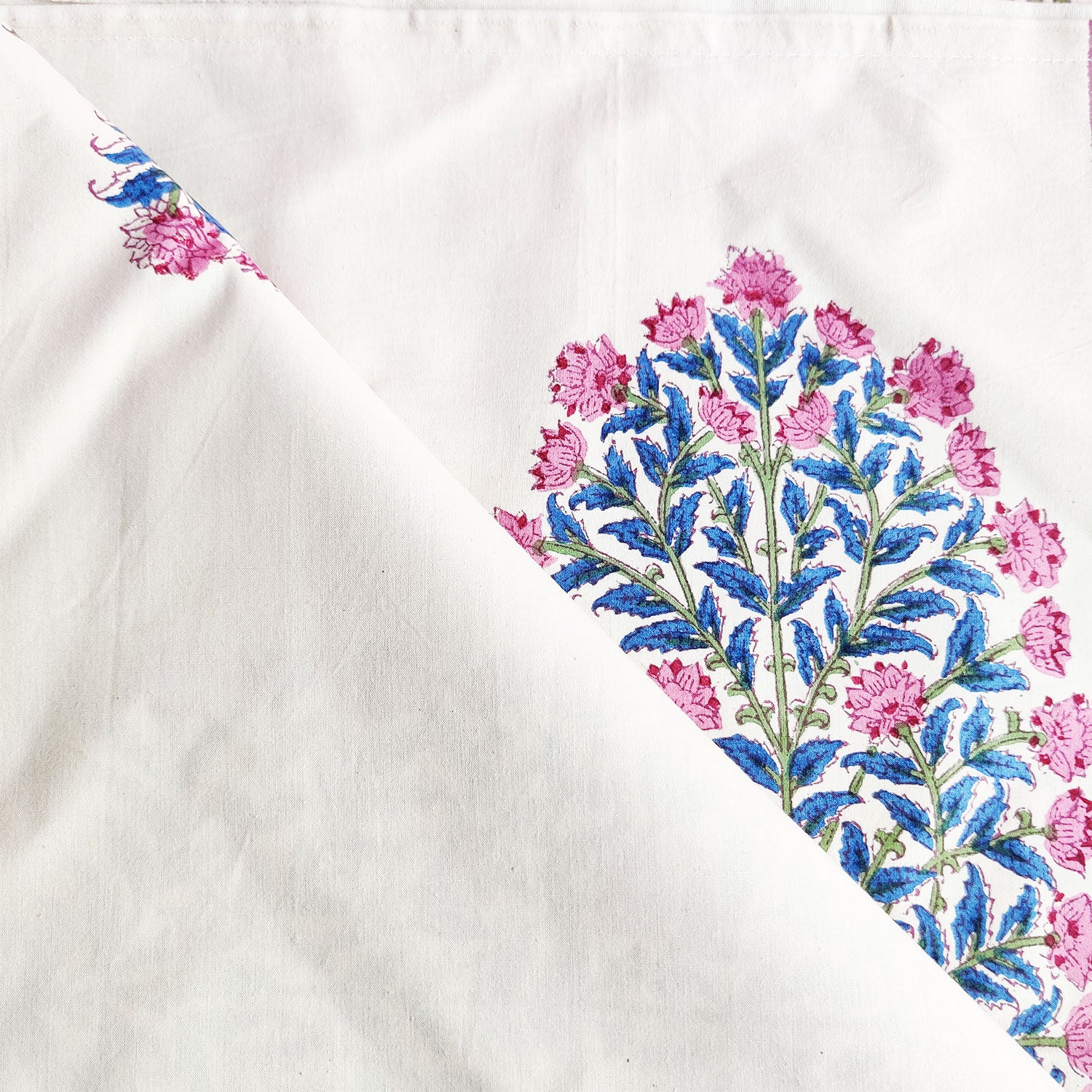 Blooming Bouquet White with Blue & Pink Motif Block Printed 100% Cotton Bedsheet With 2 Pillow Covers