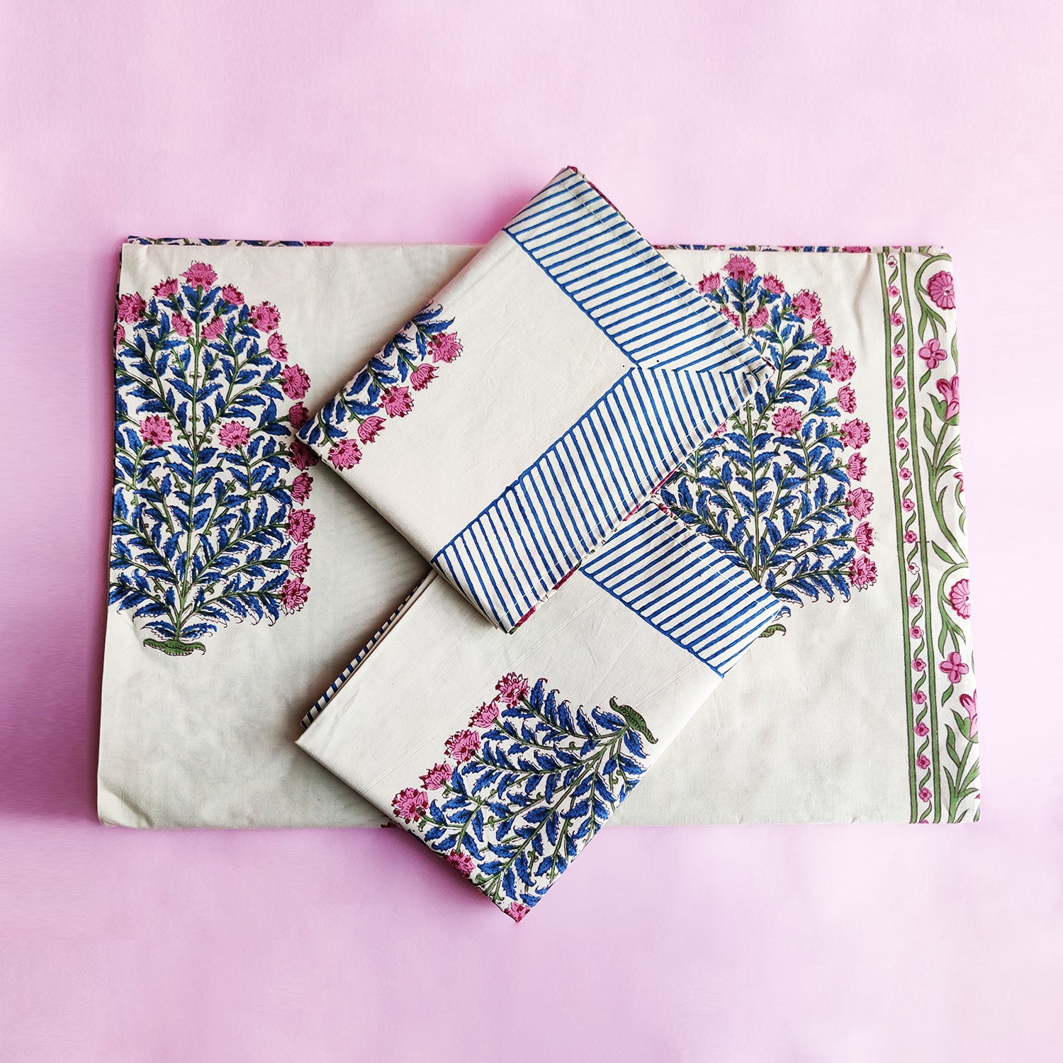 Blooming Bouquet White with Blue & Pink Motif Block Printed 100% Cotton Bedsheet With 2 Pillow Covers