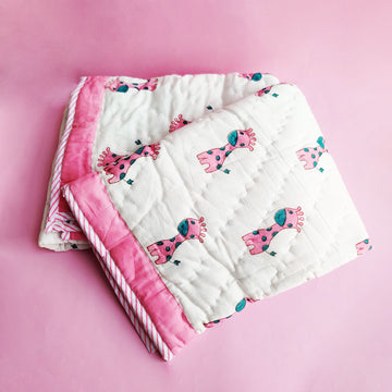 Hello Cuteness White and Pink Giraffe Reversible Printed Quilt - 60 inches x 40 inches