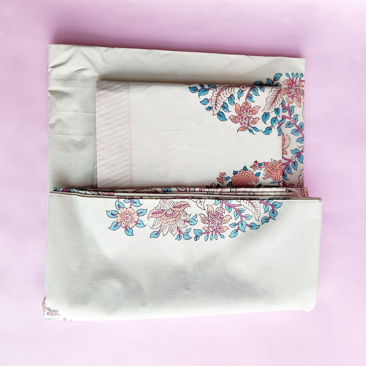 Spring Evening White Block Printed 100% Cotton Bedsheet With 2 Pillow Covers