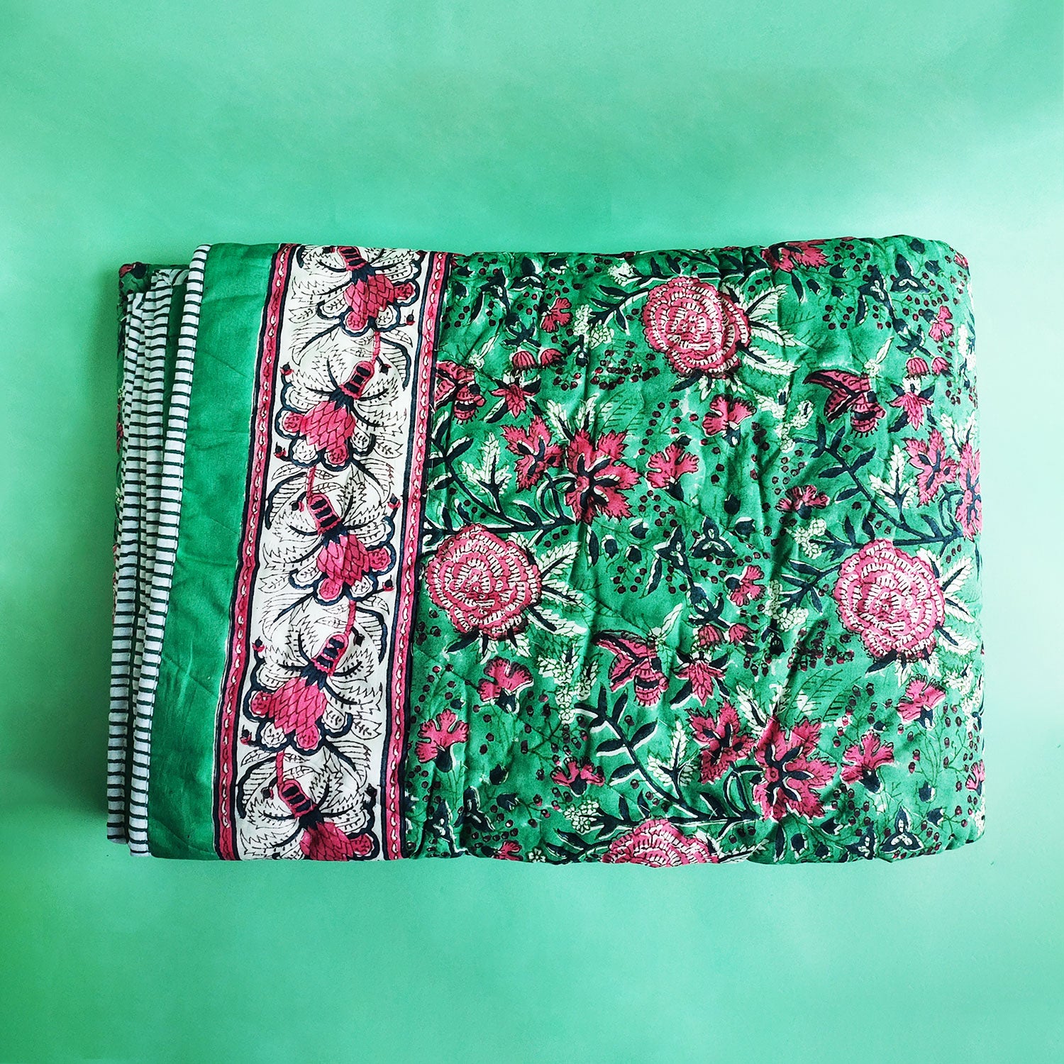 Floral Day Green & Pink Block Printed Soft Cotton Quilt - 90 inches x 60 inches