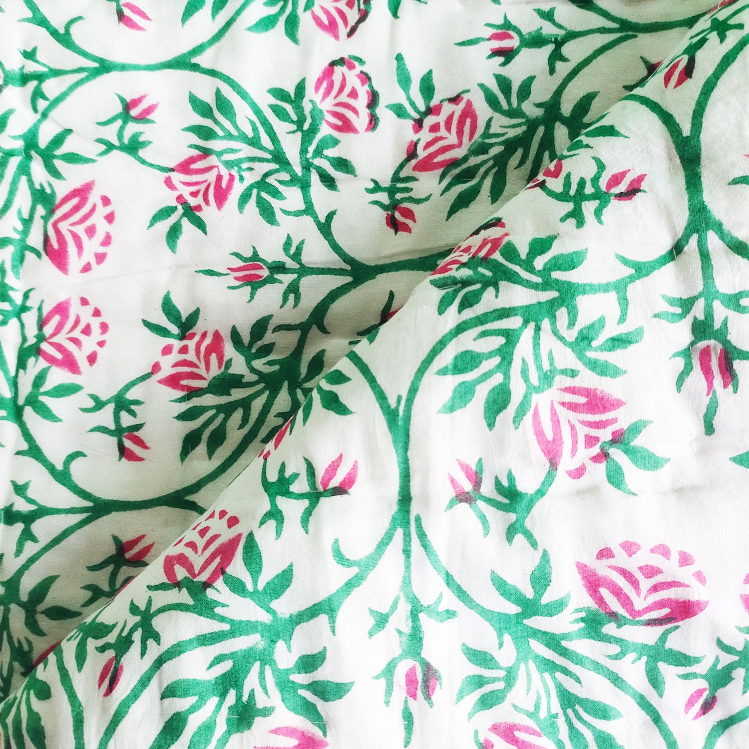 Floral Day Green & Pink Block Printed Soft Cotton Quilt - 90 inches x 60 inches