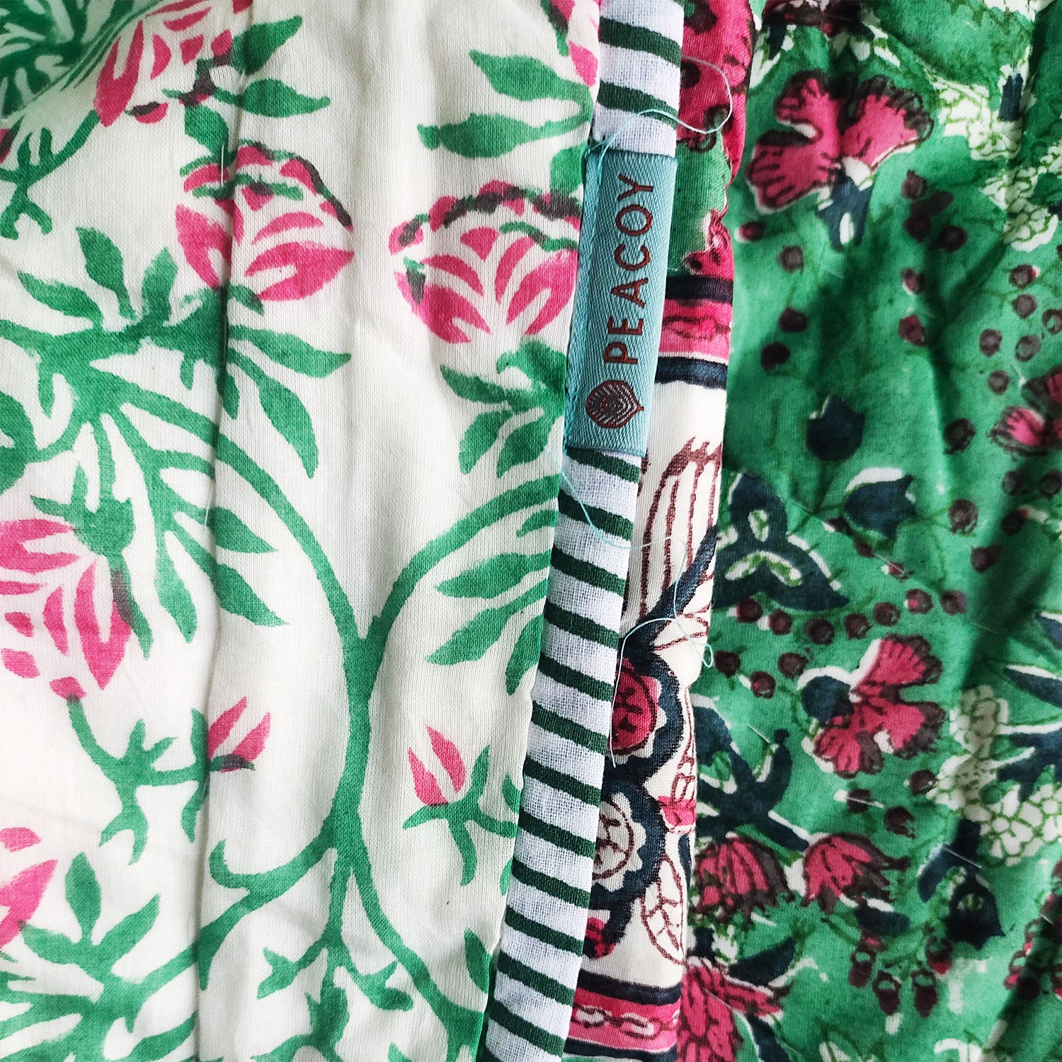 Floral Day Green & Pink Block Printed Soft Cotton Quilt - 90 inches x 60 inches