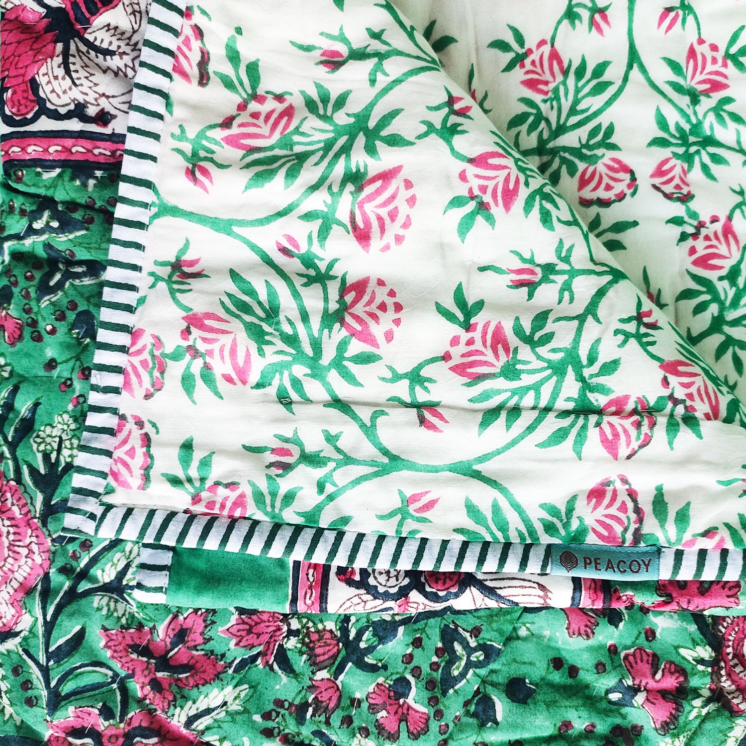 Floral Day Green & Pink Block Printed Soft Cotton Quilt - 90 inches x 60 inches