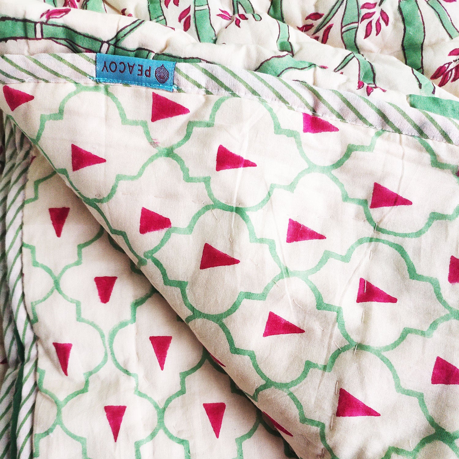 Vine Green & White Soft Cotton Bamboo Printed Quilt - 90 inches x 60 inches