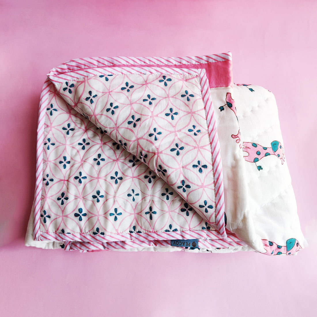 Hello Cuteness White and Pink Giraffe Reversible Printed Quilt - 60 inches x 40 inches