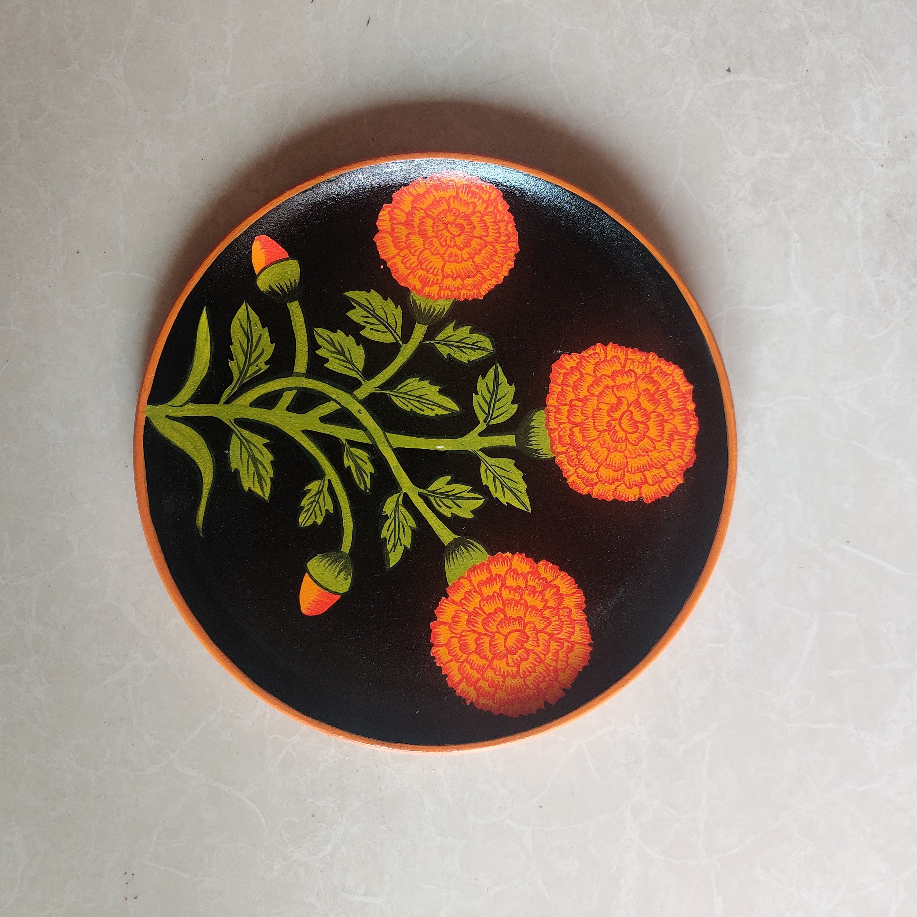 Marigold Dreams Orange & Black Hand-Painted Wall Plate (Diameter - 10 inches)