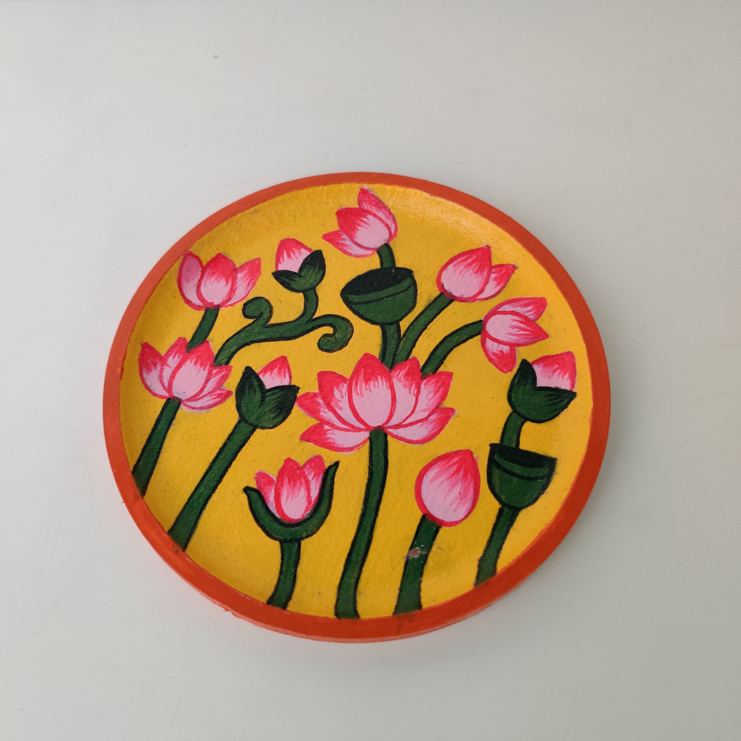 Lotus Charm Yellow & Pink Hand-Painted Wall Plate (Diameter - 6 inches)