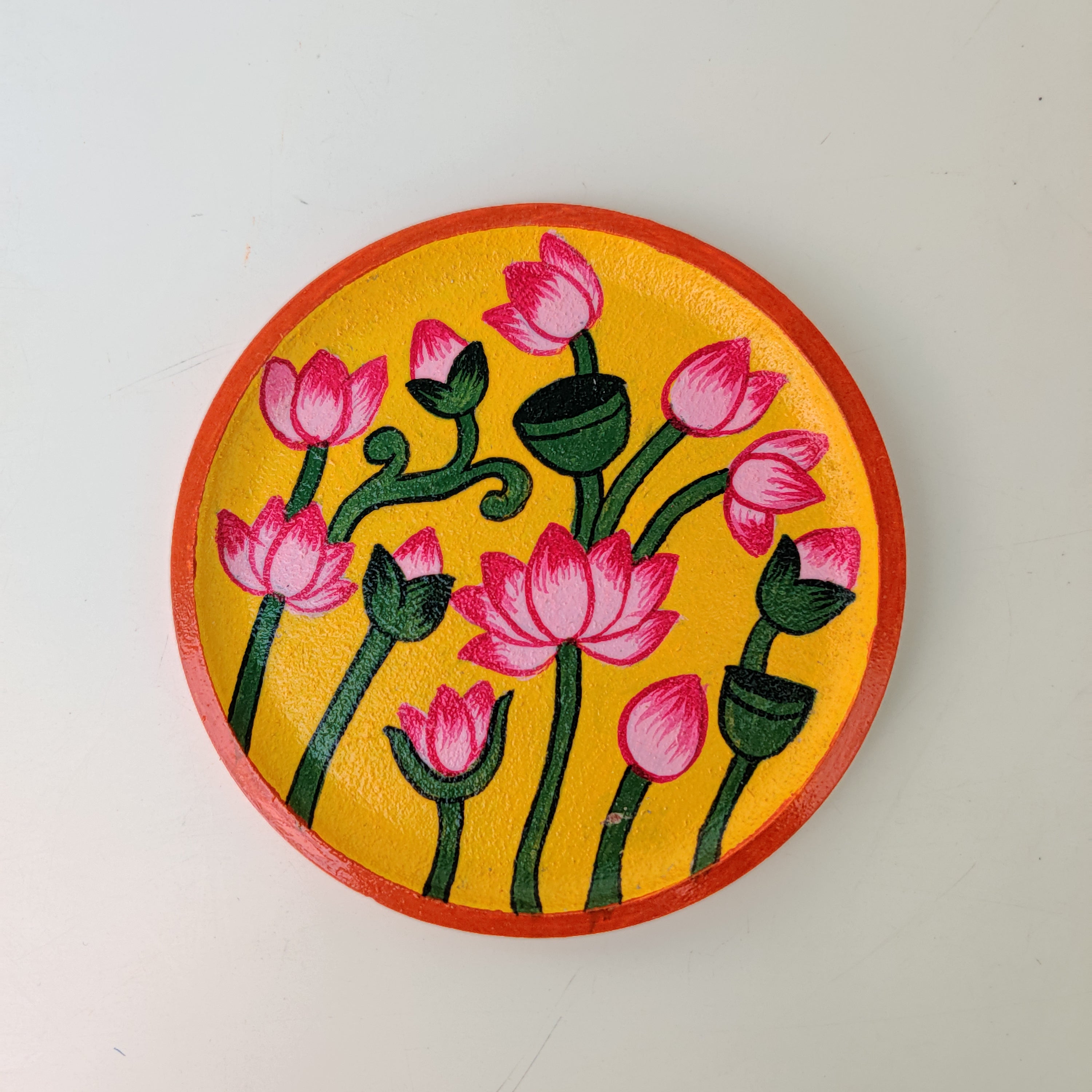 Lotus Charm Yellow & Pink Hand-Painted Wall Plate (Diameter - 6 inches)