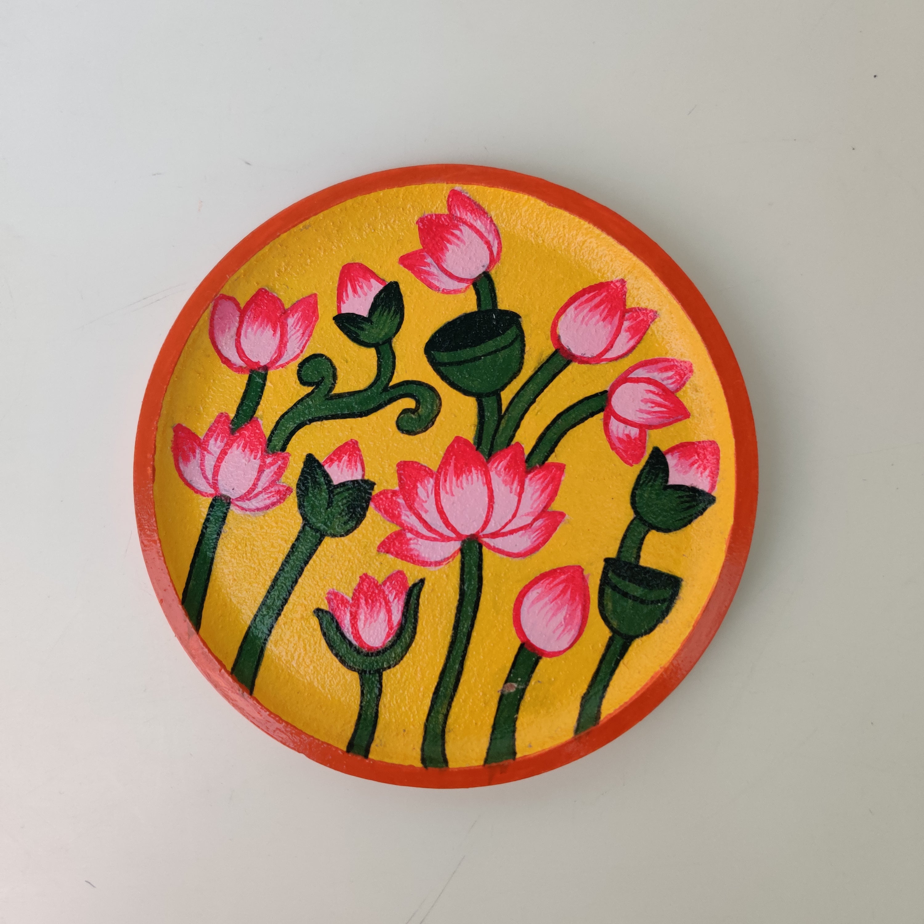 Lotus Charm Yellow & Pink Hand-Painted Wall Plate (Diameter - 6 inches)