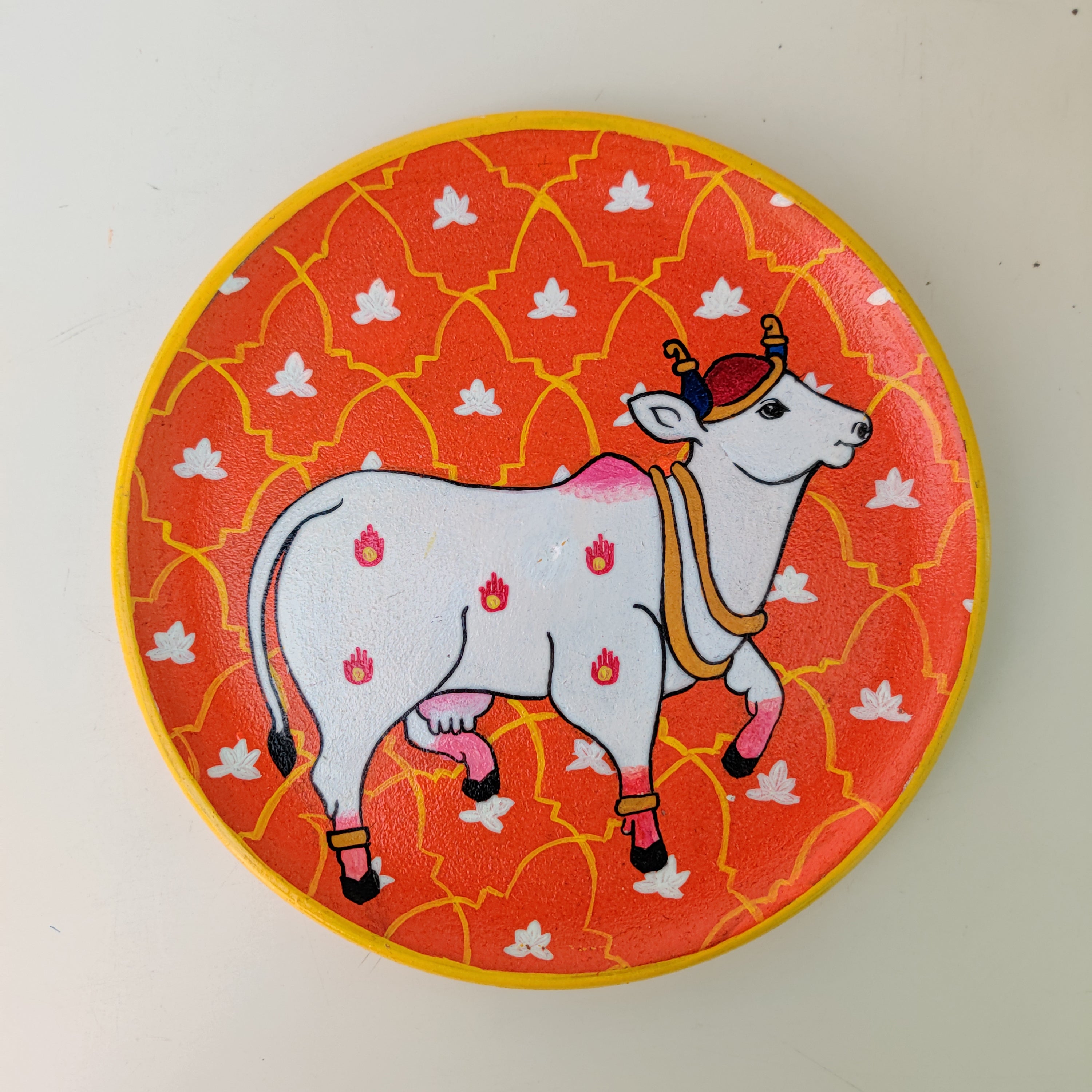 Orange & White Traditional Cow Hand-painted Wall Plate (Diameter - 10 inches)