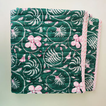 Comfort Companion Dark Green Block Printed Multipurpose Travel Kit (Set of Mat, Cushion & Blanket)