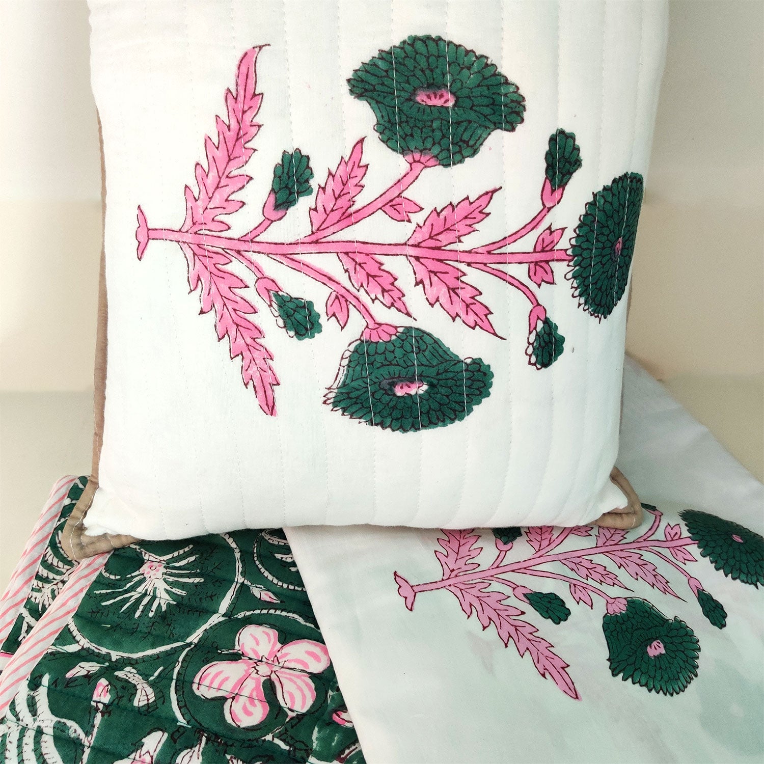 Comfort Companion Dark Green Block Printed Multipurpose Travel Kit (Set of Mat, Cushion & Blanket)