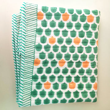 Comforting Greens Block Printed Multipurpose Travel Kit (Set of Mat, Cushion & Blanket)