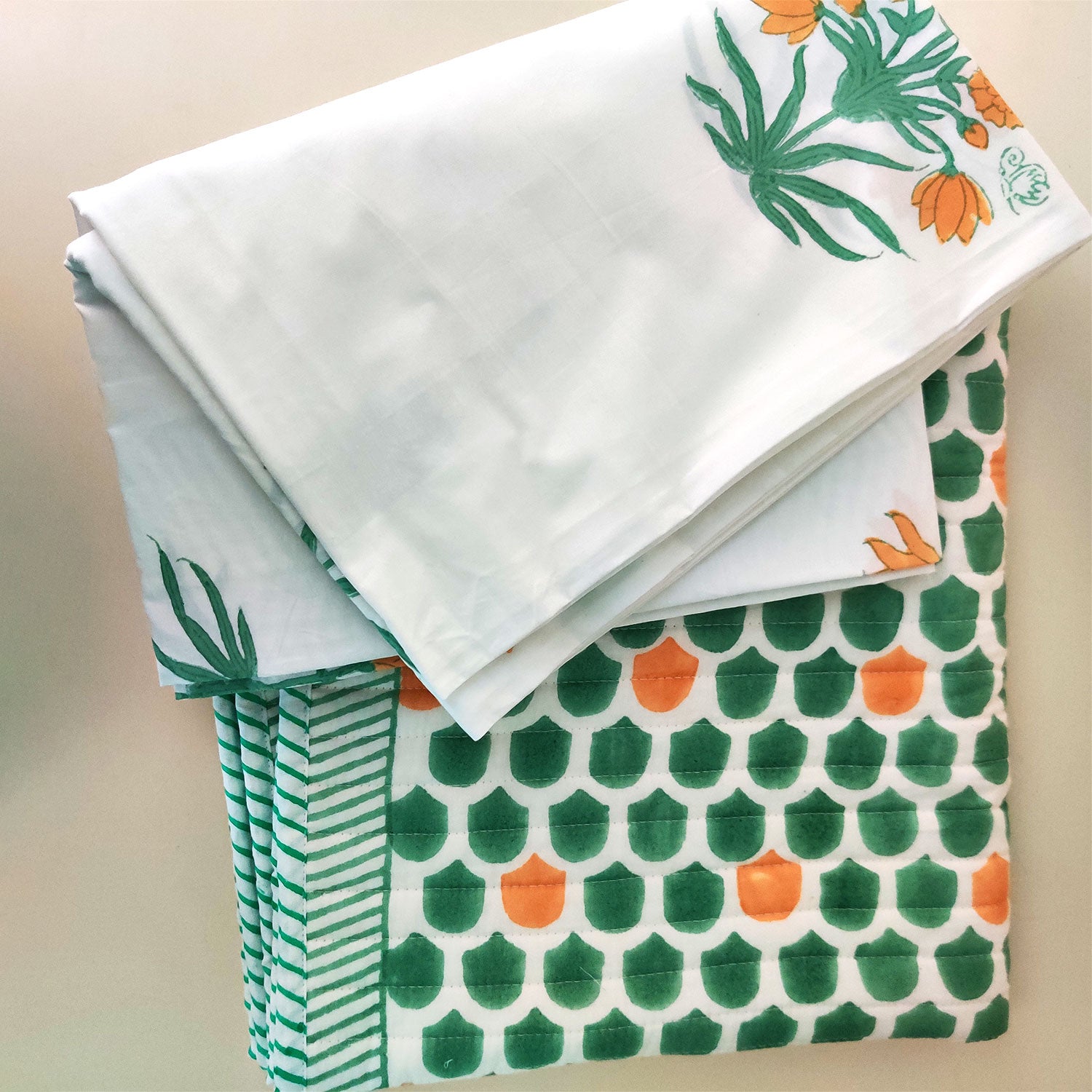 Comforting Greens Block Printed Multipurpose Travel Kit (Set of Mat, Cushion & Blanket)