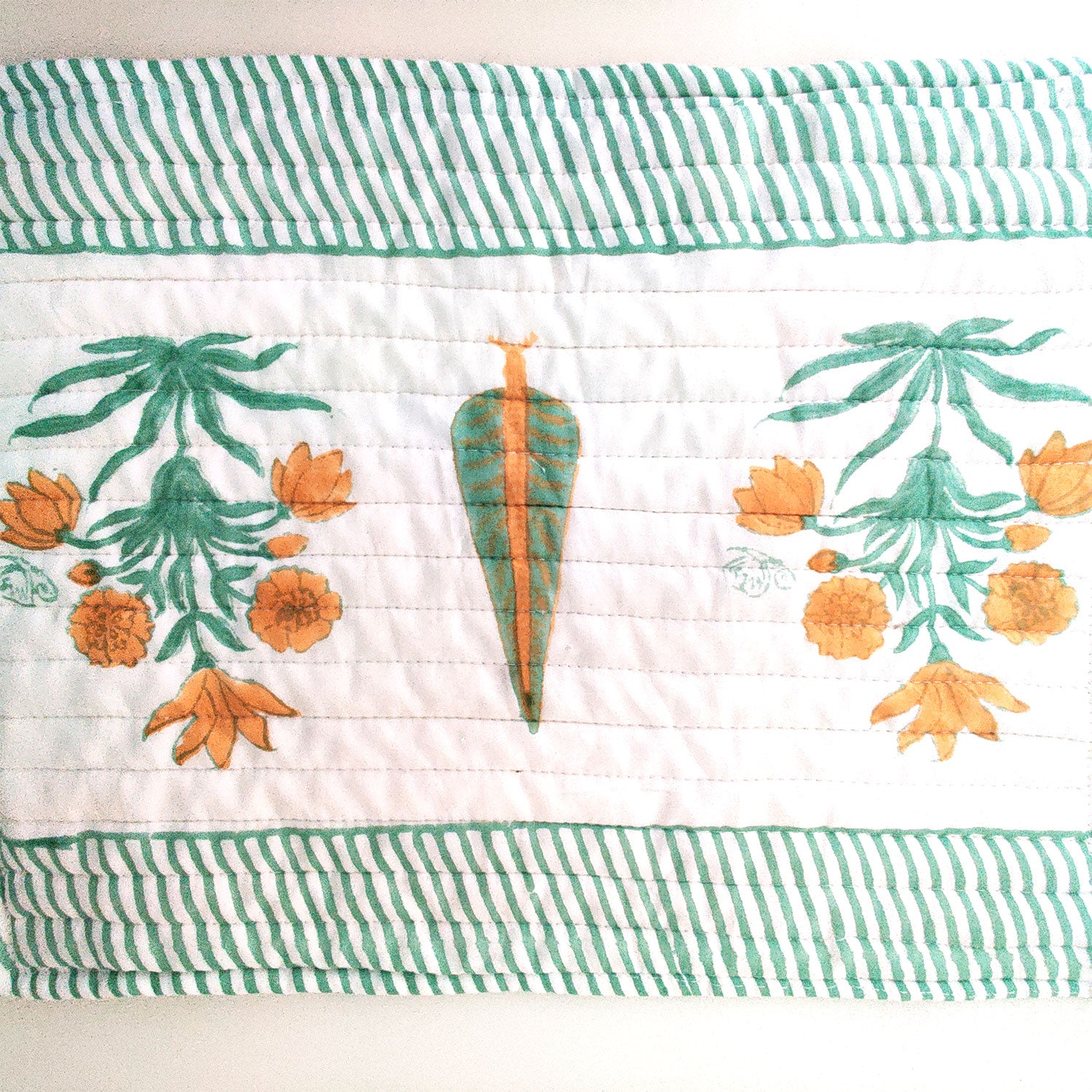 Comforting Greens Block Printed Multipurpose Travel Kit (Set of Mat, Cushion & Blanket)