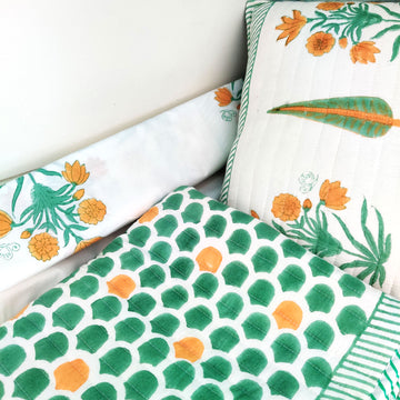 Comforting Greens Block Printed Multipurpose Travel Kit (Set of Mat, Cushion & Blanket)