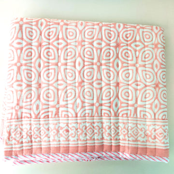 Beautiful Times Peach Block Printed Multipurpose Travel Kit (Set of Mat, Cushion & Blanket), 24 X 70 inches