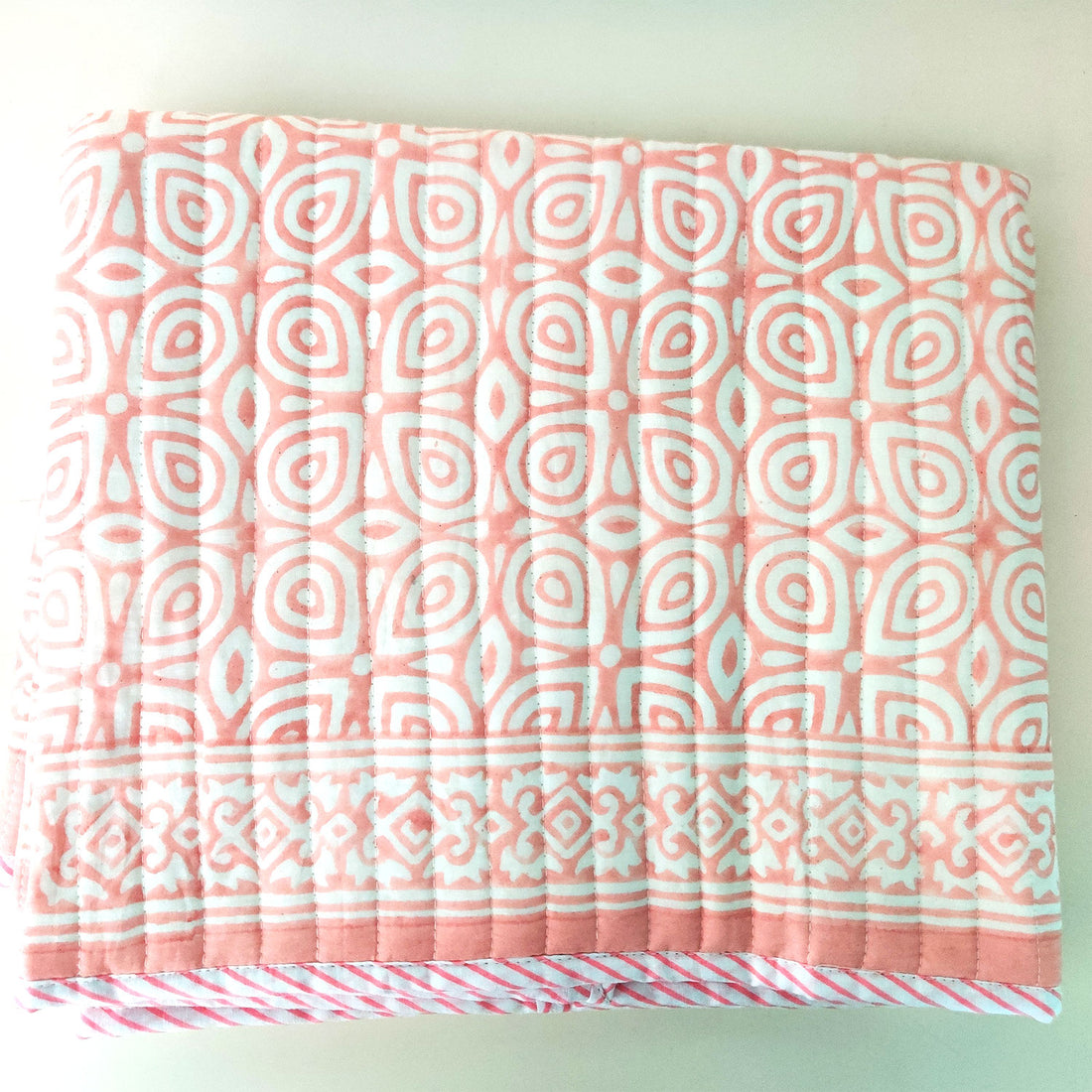 Beautiful Times Peach Block Printed Multipurpose Travel Kit (Set of Mat, Cushion & Blanket), 24 X 70 inches