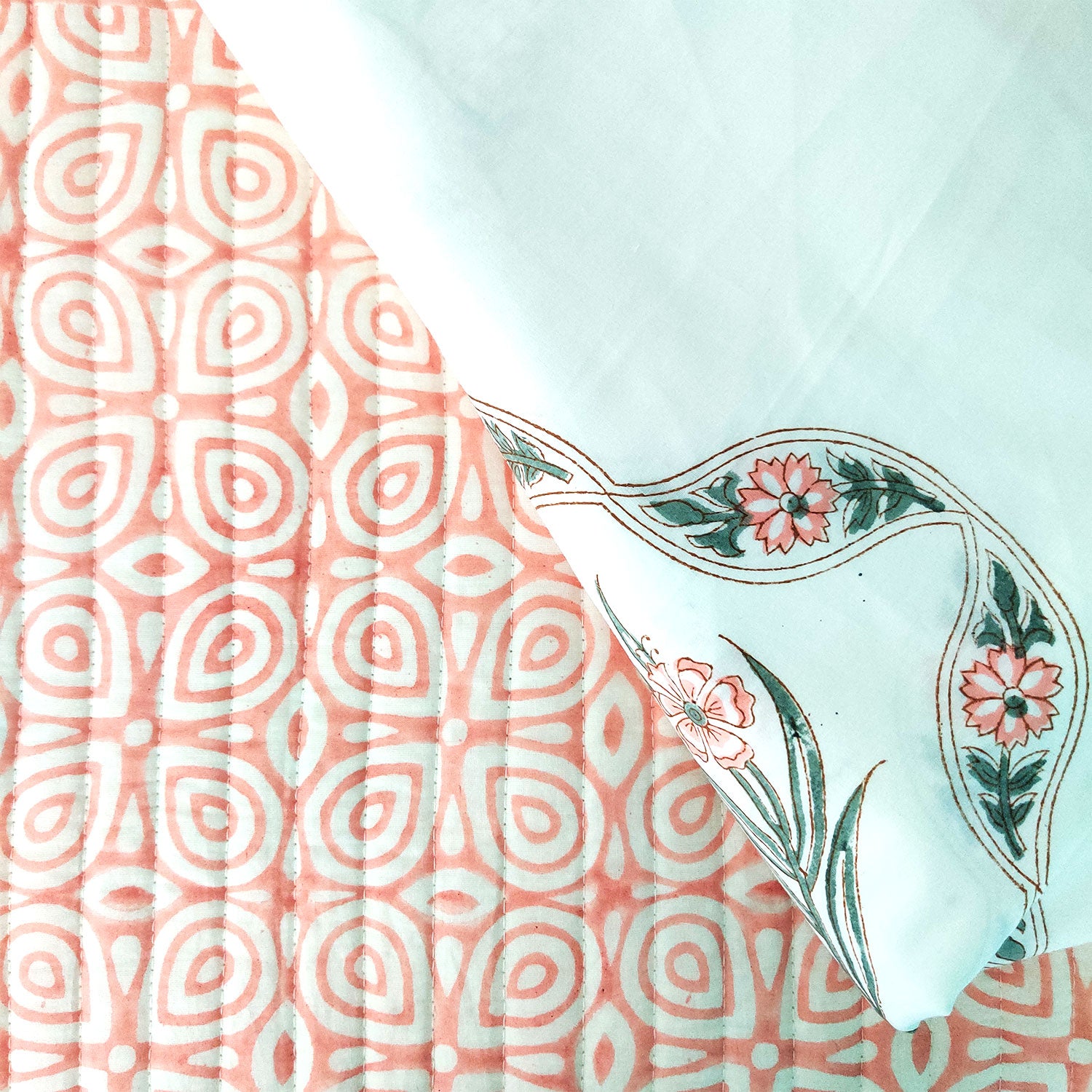 Beautiful Times Peach Block Printed Multipurpose Travel Kit (Set of Mat, Cushion & Blanket), 24 X 70 inches