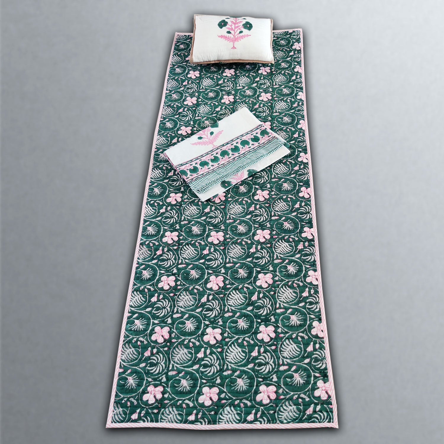 Comfort Companion Dark Green Block Printed Multipurpose Travel Kit (Set of Mat, Cushion & Blanket)
