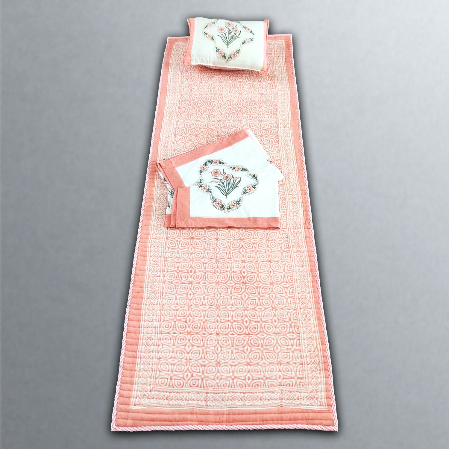 Beautiful Times Peach Block Printed Multipurpose Travel Kit (Set of Mat, Cushion & Blanket), 24 X 70 inches